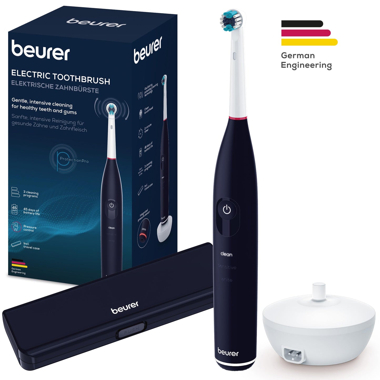 Beurer TB 50 Elektrische Zahnbürste, 3 Reinigungsprogramme für Zahnpflege, oszillierend-pulsierende Putztechnologie zur Plaque Entfernung, integrierter Andrucksensor, Akku mit 45 Tage Laufzeit