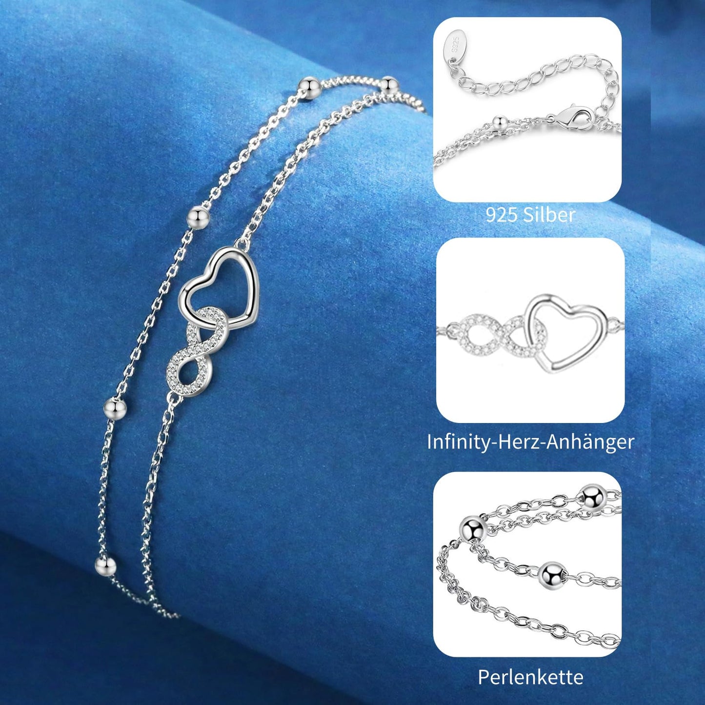 Jbniuay Fußkettchen für Damen 925 Sterling Silber - Infinity Herz Fußkette - Damen Fußkettchen - Fußkette damen Verstellbare 23+5cm - Geschenke für Frauen/damen/mama/mutter