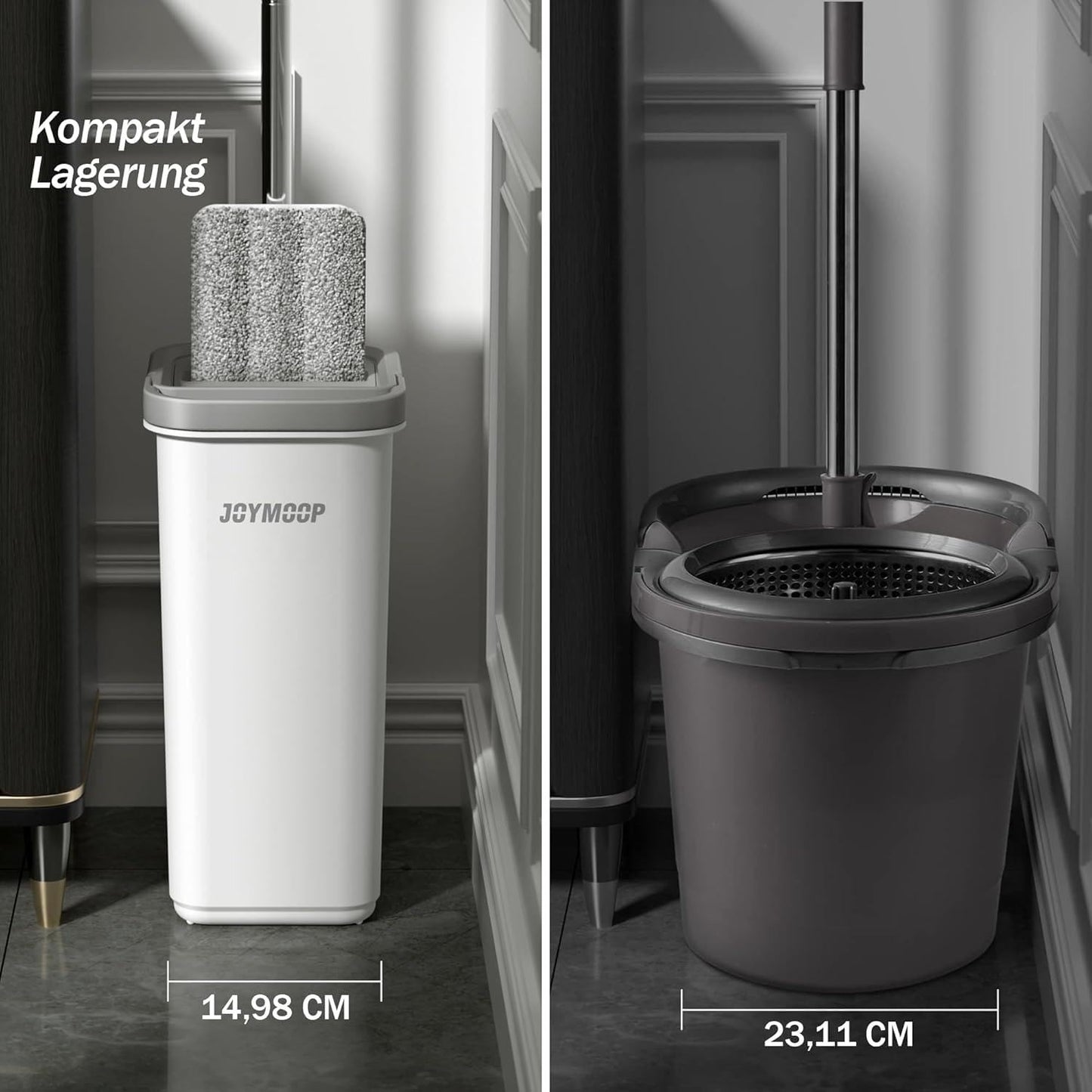 JOYMOOP Wischmopp und Eimer mit Auswringer-Set, freihändiger Flacher Bodenwischer und Eimer, mit 3 waschbaren Mikrofaser-Pads, Nass- und Trockengebrauch, Bodenreinigungssystem