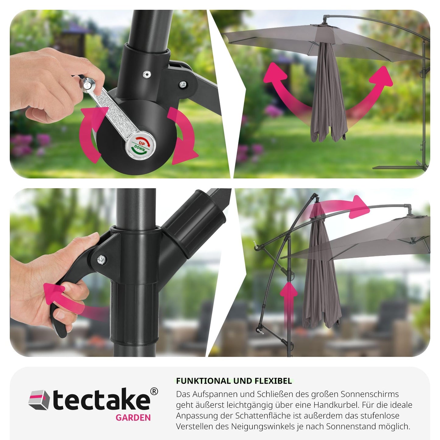 tectake Sonnenschirm mit Ständer, Ø 350 cm, Sonnenschutz für Balkon, Garten und Terrasse inkl. Schutzhülle, Ampelschirm groß mit Kurbel-Seilsystem, Schirm mit stabilem Gestell - grau