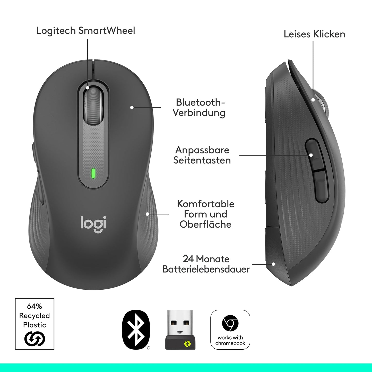 Logitech Signature M650 Kabellose Maus - für kleine bis mittelgroße Hände, 2-Jahres-Batterie, Leise Klicks, Anpassbare Seitentasten, Bluetooth, Kompatibilität mit mehreren Geräten - Graphit