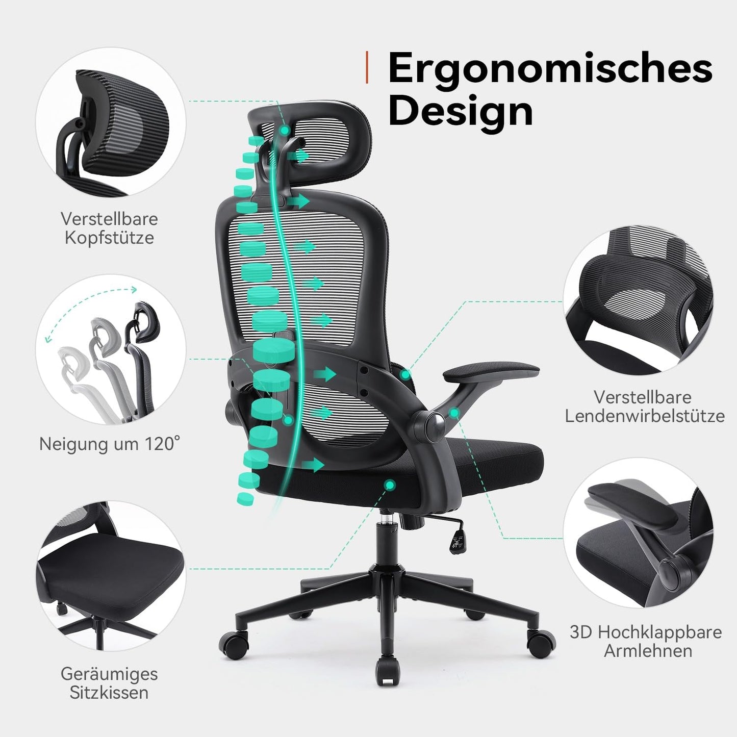 SIHOO M102C Bürostuhl Ergonomisch Schreibtischstuhl, Drehstuhl mit 3D-Armlehnen, Hohe Rückenlehne Lendenwirbelstütze Nach Oben und Unten, Höhenverstellung und Wippfunktion Schwarz
