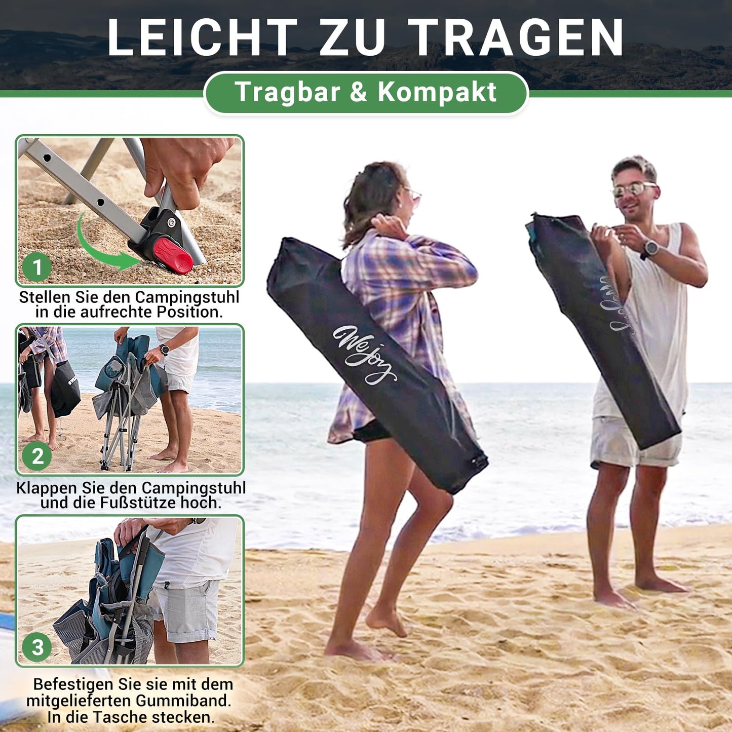 #WEJOY 2-in-1 Campingstuhl Faltbar, Strandstuhl mit Verstellbarer Rückenlehne & Fußstütze Angelstuhl Campingstühle für Erwachsene mit Wattepad Kissen Getränkehalter Armlehnentaschen Marine/Grau