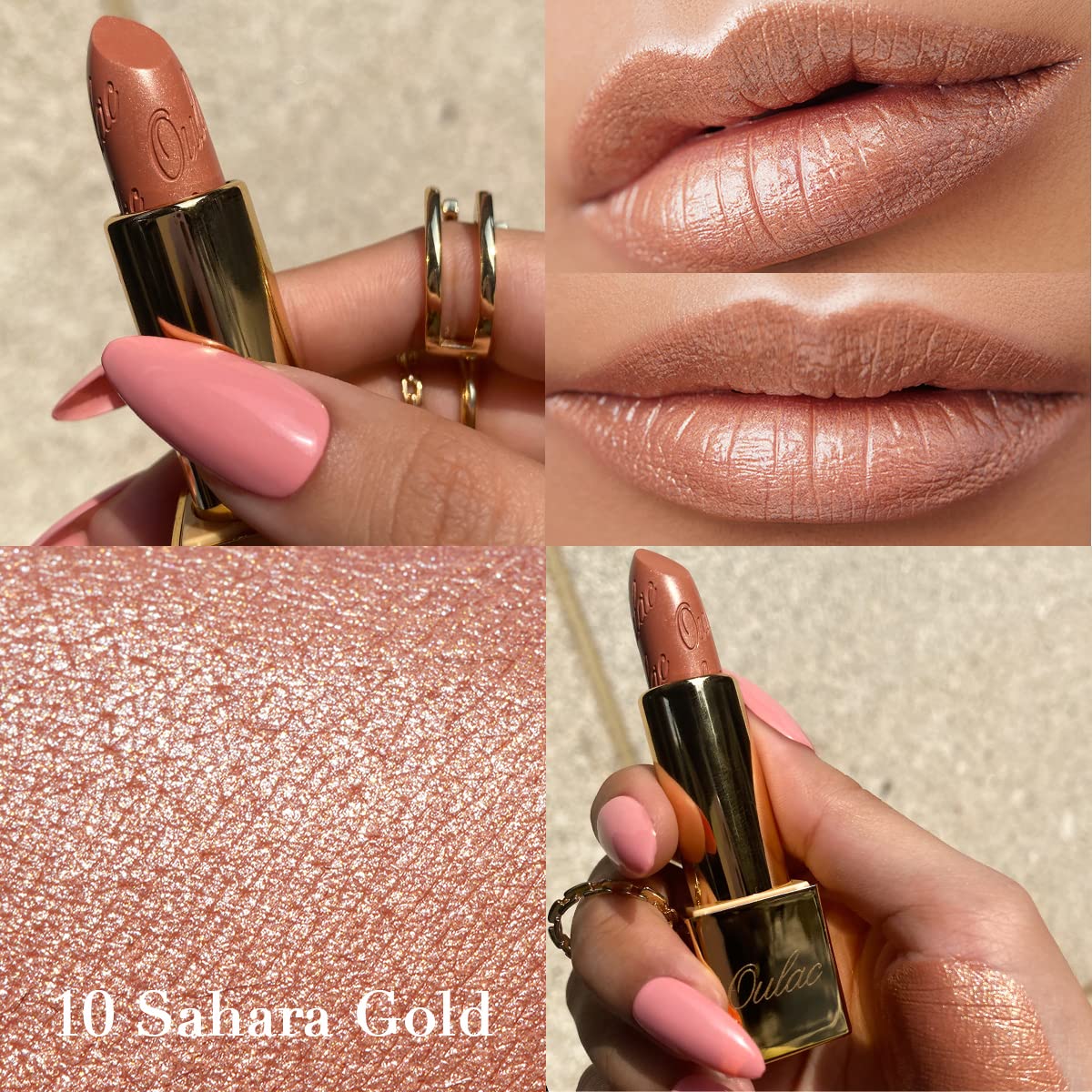 OULAC Lippenstift Metallic Glanz Finish, Nudetöne, Hochpigmentierter, Kein Körniges Gefühl, Langlebig, Feuchtigkeitsspendende Formel, Vegan, 4.3g, (10) Sahara Gold