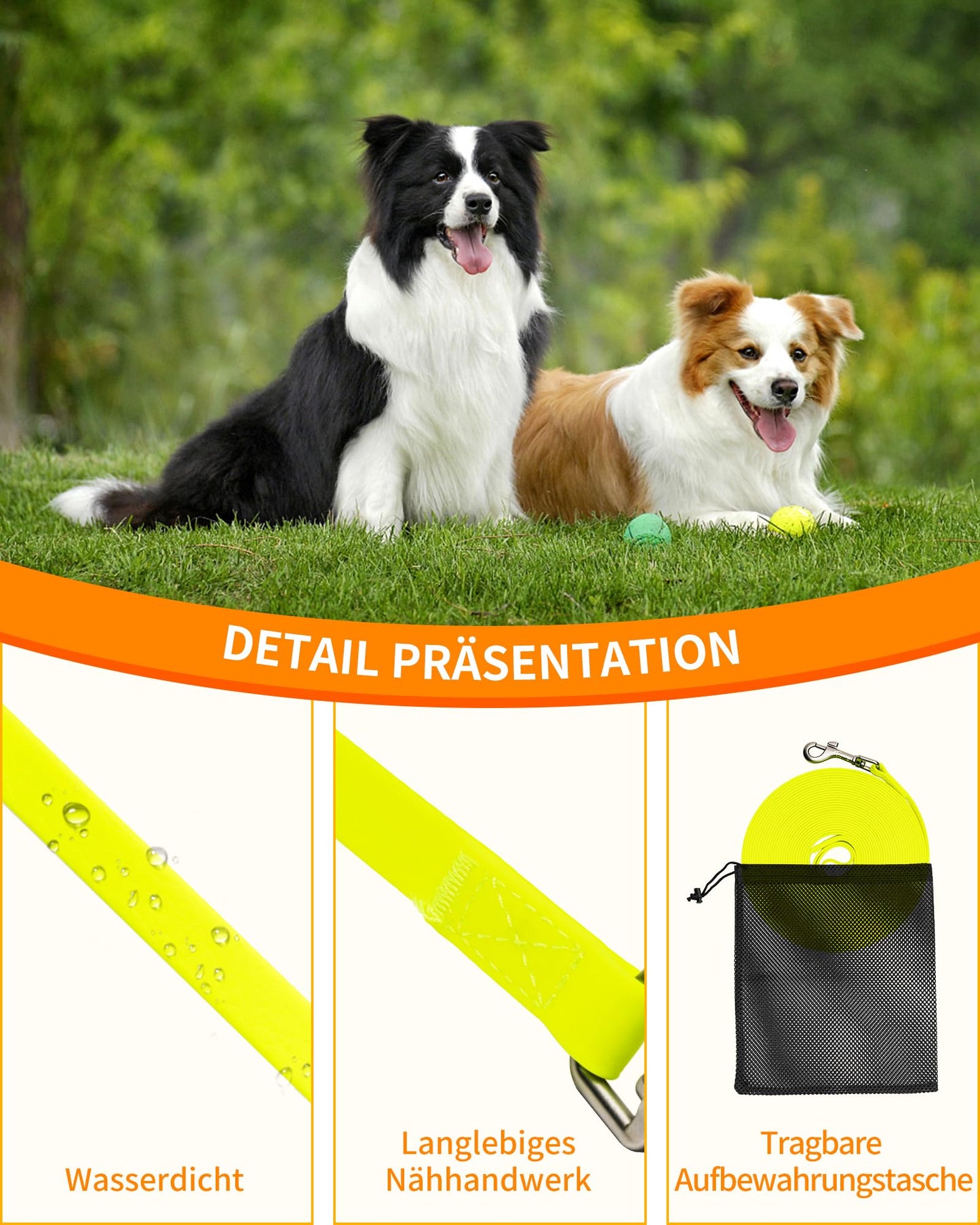 Toozey Wasserdicht Schleppleine für Hunde, 5m/10m/15m/20m - Robuste & Reißfeste Hundeleine mit Handschlaufe und Karabiner, Wetterfest Trainingsleine für Große bis Kleine Hunde, Neon Gelb
