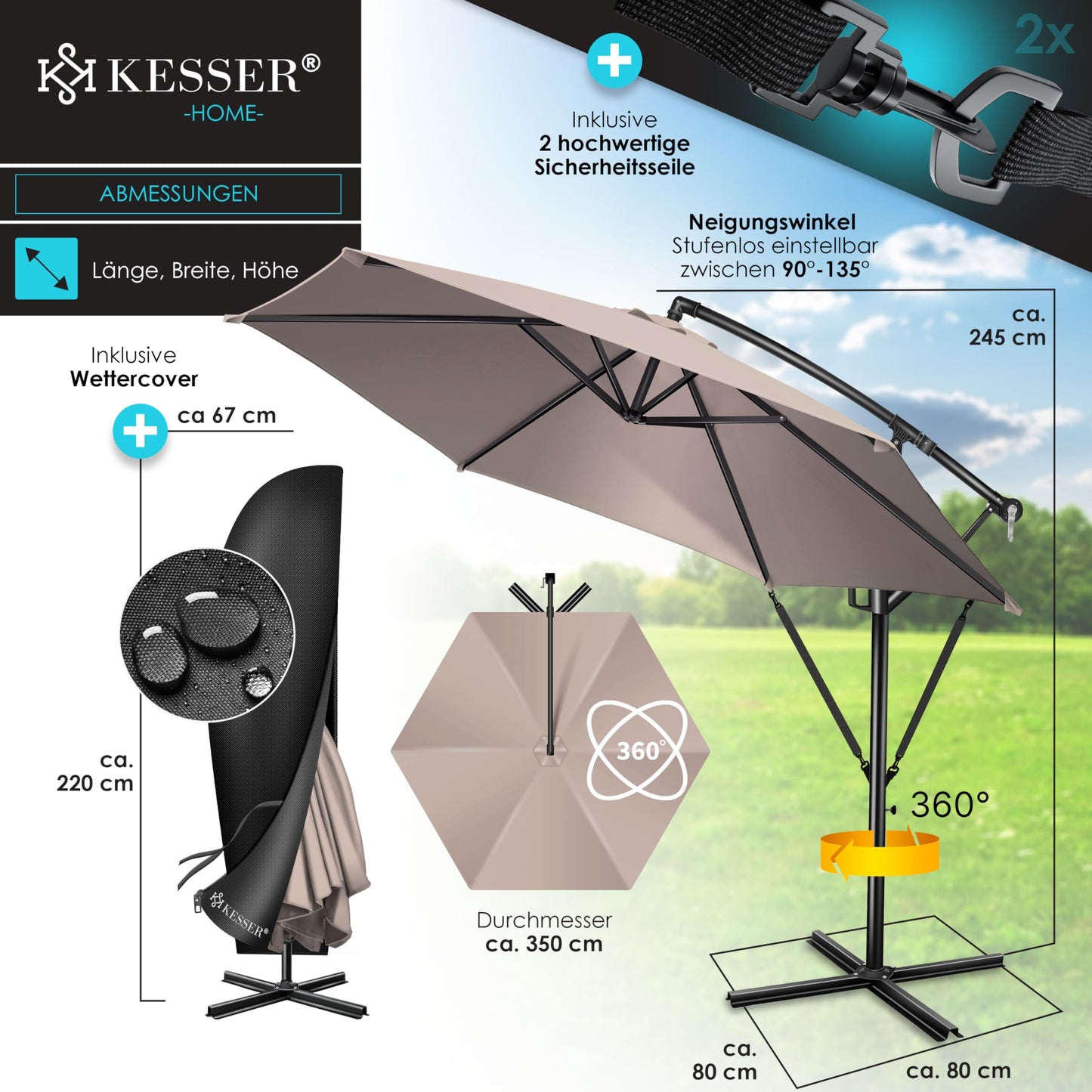 KESSER® Alu Ampelschirm Sonnenschirm + Abdeckung Ø350 cm & Kurbelvorrichtung Kurbelschirm mit Ständer UV-Schutz Aluminium Wasserabweisende Bespannung 360° Funktion Garten-Schirm Marktschirm Taupe