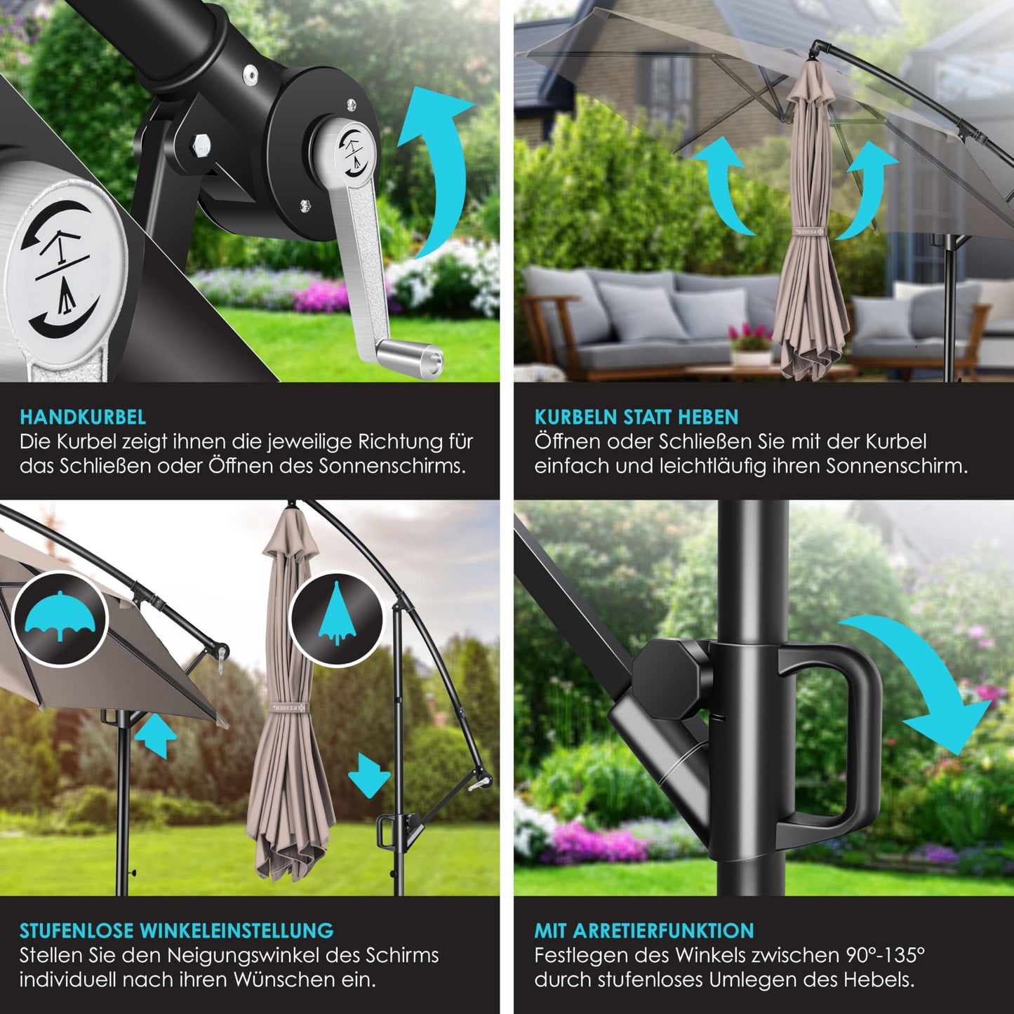 KESSER® Alu Ampelschirm Sonnenschirm + Abdeckung Ø350 cm & Kurbelvorrichtung Kurbelschirm mit Ständer UV-Schutz Aluminium Wasserabweisende Bespannung 360° Funktion Garten-Schirm Marktschirm Taupe