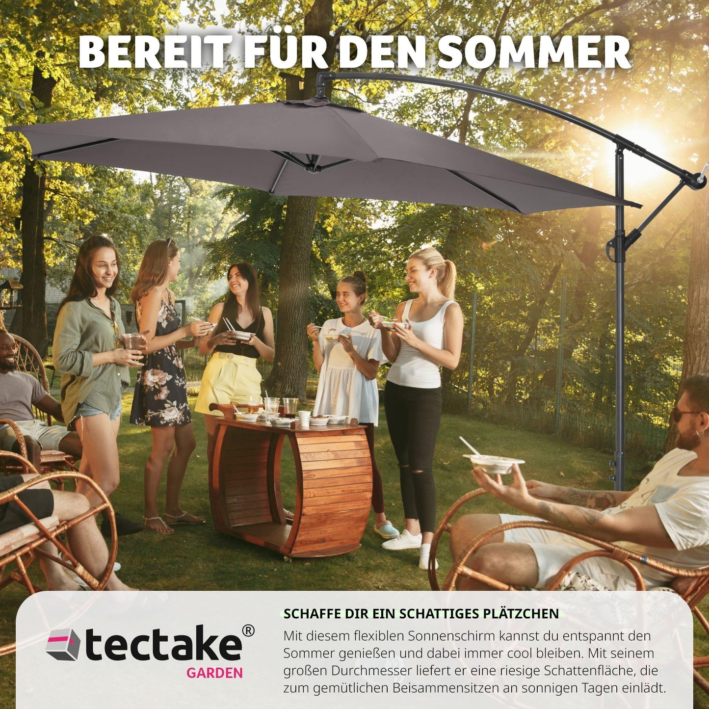 tectake Sonnenschirm mit Ständer, Ø 350 cm, Sonnenschutz für Balkon, Garten und Terrasse inkl. Schutzhülle, Ampelschirm groß mit Kurbel-Seilsystem, Schirm mit stabilem Gestell - grau