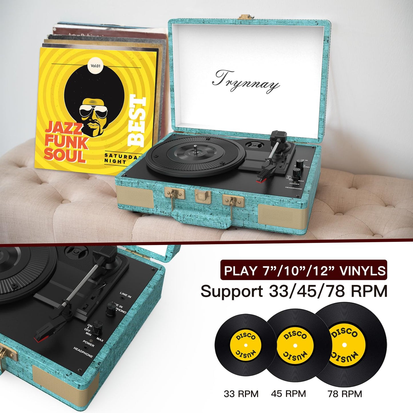 Trynnay Plattenspieler Schallplattenspieler 3-Gang-Bluetooth, tragbarer Koffer-Vinyl-Player mit integrierten Lautsprechern, Plattenspieler, verbesserter Audio-Sound, Gewachstes Leder Retro Blau