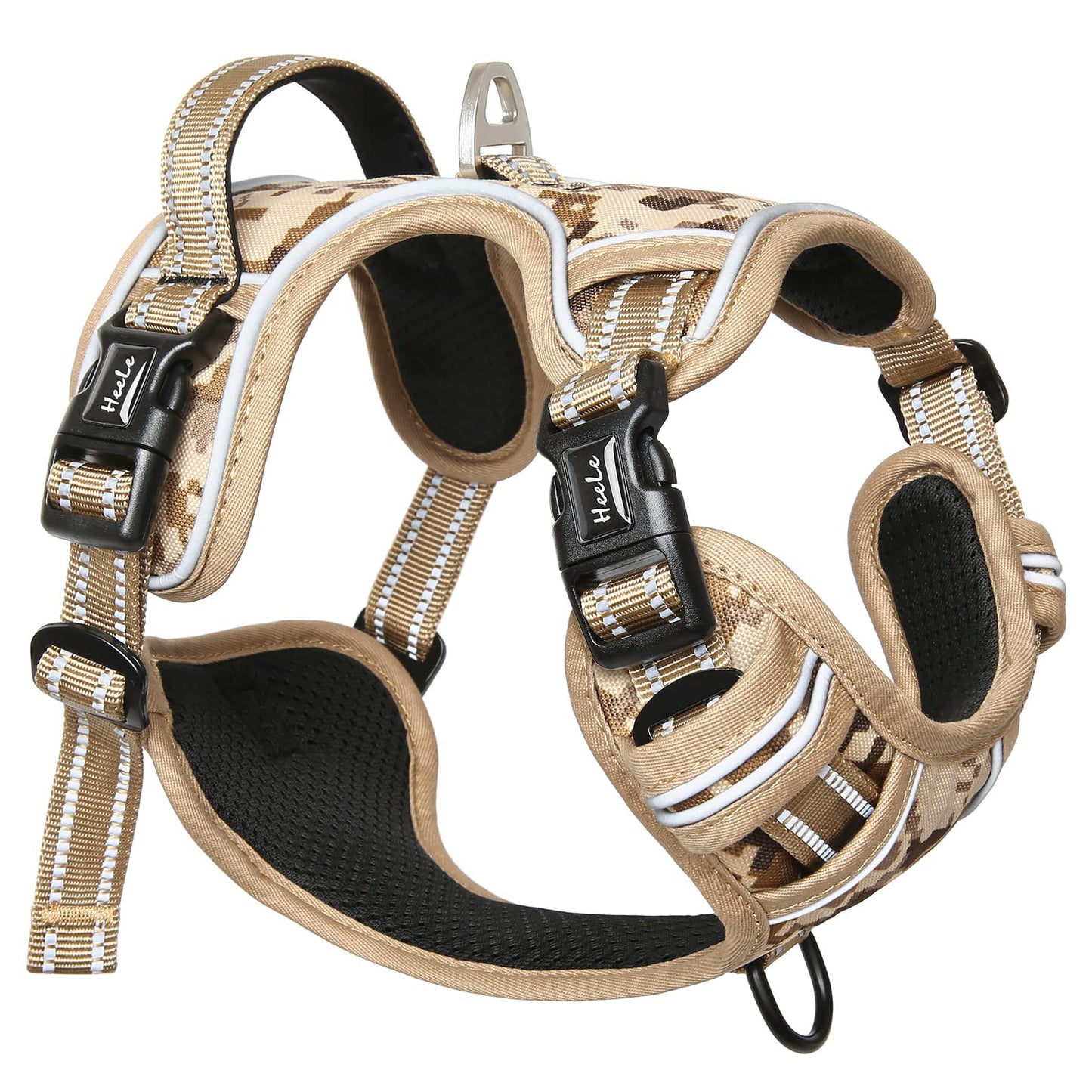 HEELE Hundegeschirr, Hundegeschirr für Grosse Hunde, Freigabe am Hals, Vorderseite Rückseite Clips Hundegeschirr Einstellbar Reflektierend Anti Zug Hundegeschirr mit Gepolstert Grifff, Tarn-Wüste, L