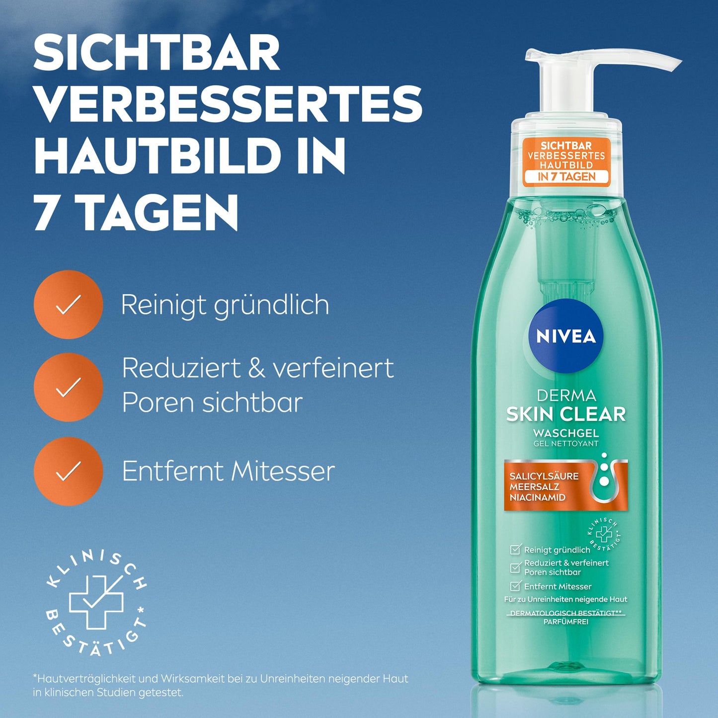 NIVEA Derma Skin Clear Waschgel, Cleanser für ein sichtbar verbessertes Hautbild, effektive Gesichtsreinigung für unreine Haut mit Salicylsäure & Niacinamid (150 ml)