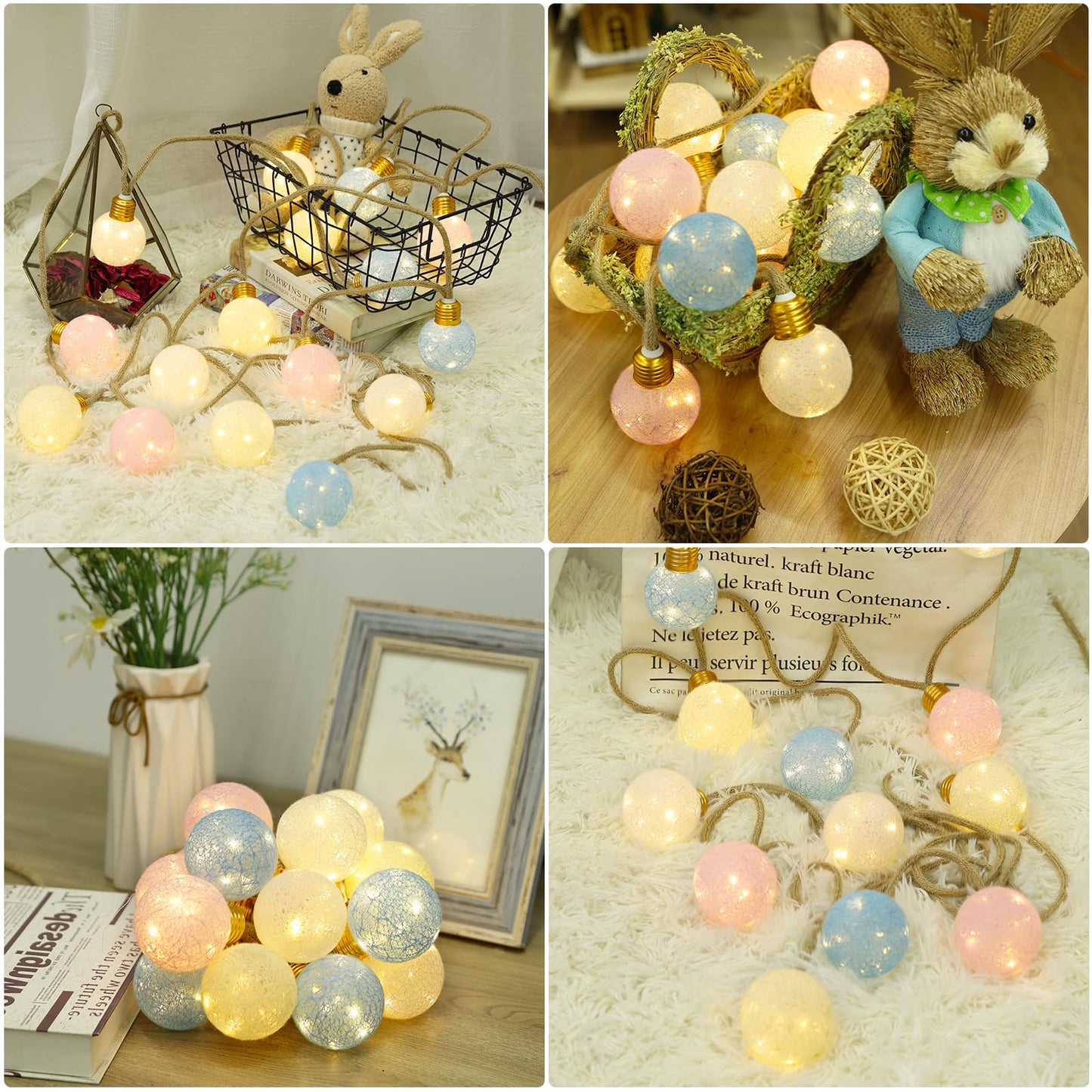 Qedertek Solar Lichterkette Aussen Wetterfest, 6M Solar Lichterkette Außen Warmweiß mit 16 Cotton Ball, LED Seil Solarlichterkette für Garten, Balkon, Hochzeit, Party, Kinderzimmer, Innen Osterdeko