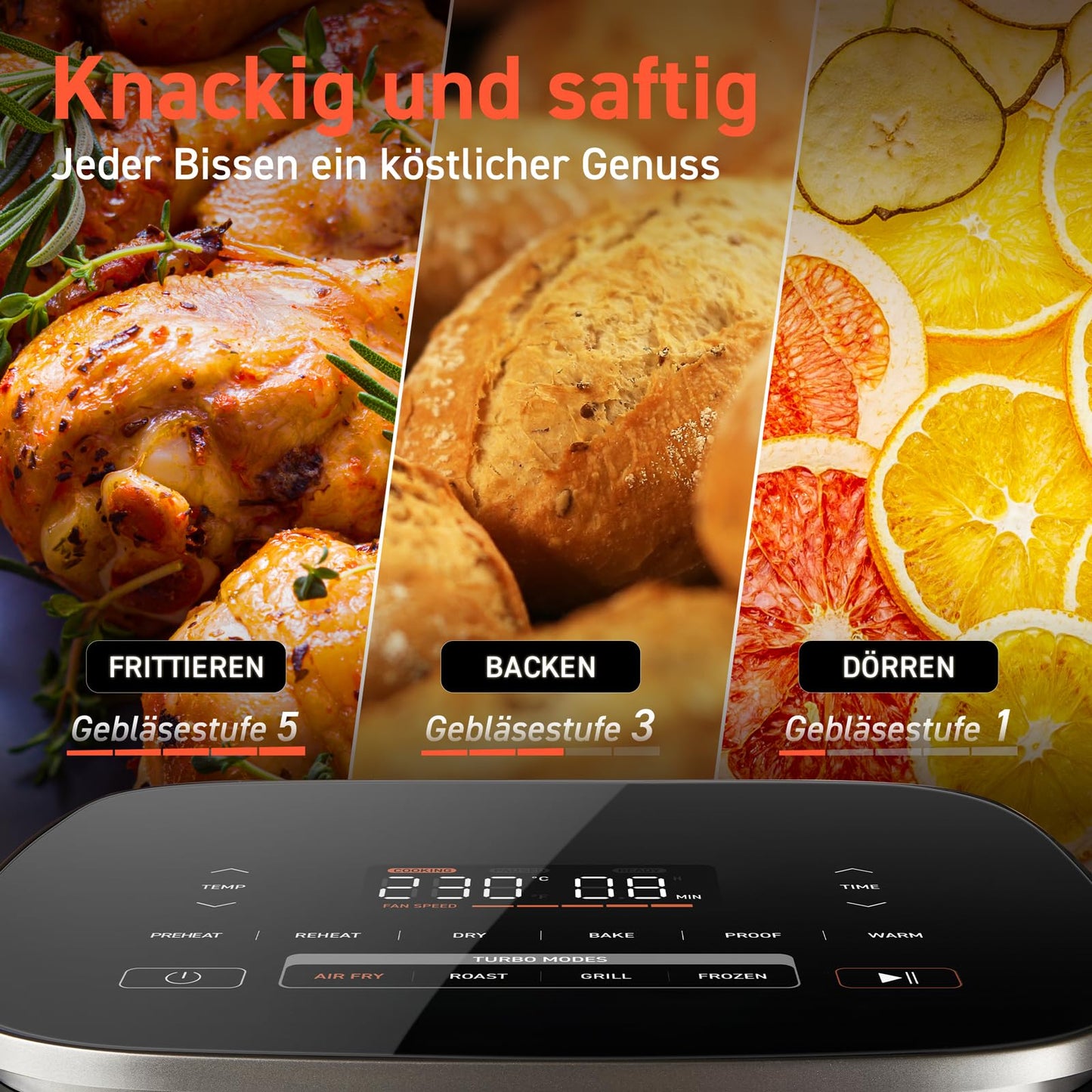 Cosori Turboblaze Airfryer Heißluftfritteuse, 9-in-1 Air Fryer XXL 6L, leiser DC Motor mit 5 Geschwindigkeitsstufen, Grillen, Backen, Gären, Dehydrieren, Tiefkühlen, 87 Rezepte, 64% energiesparend