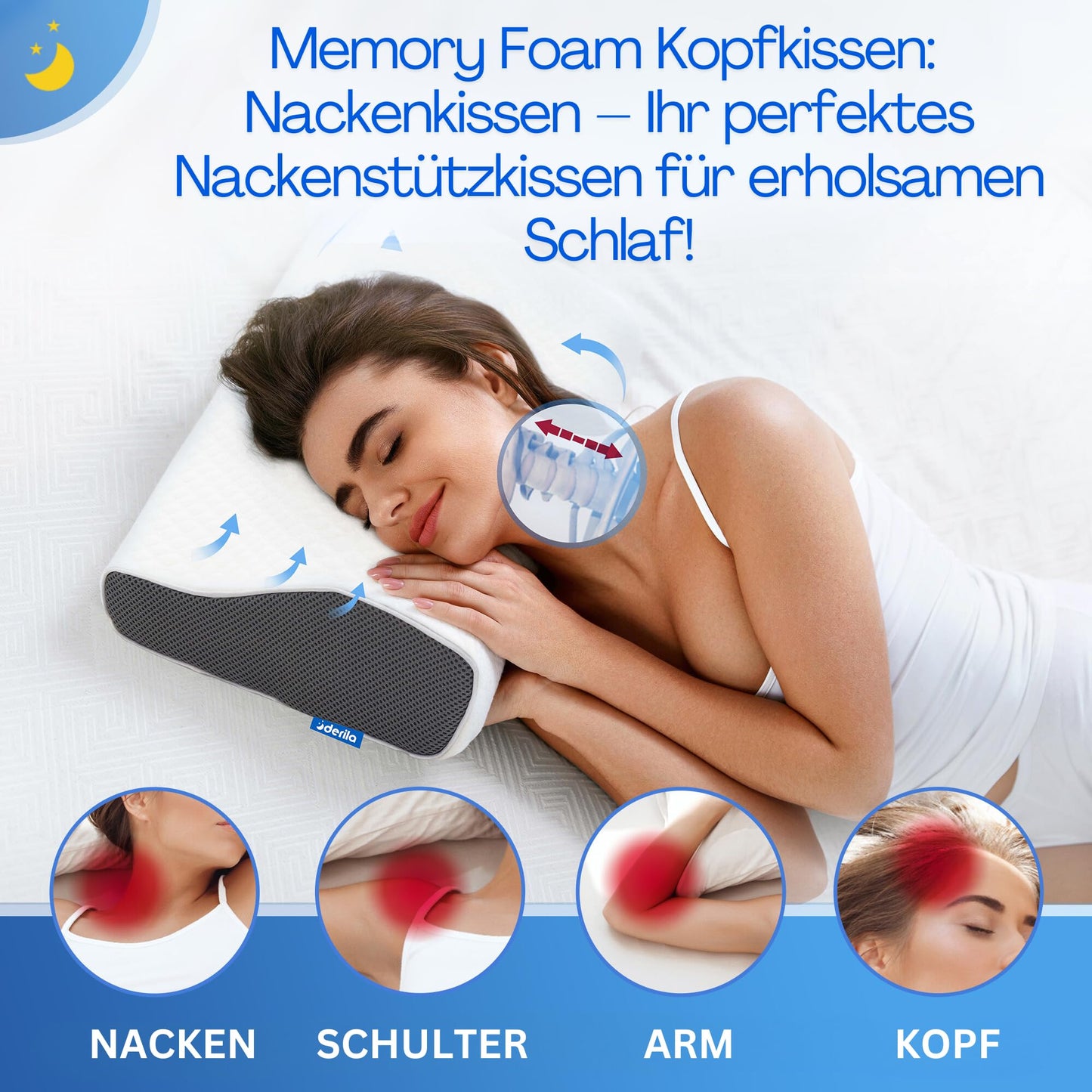 Derila Nackenkissen Kopfkissen, Memory Foam Kissen Original. Ergonomisches Kopfkissen, Nackenstützkissen, Seitenschläferkissen für Seiten, Rücken & Bauchschläfer (Queen, 1er Pack)