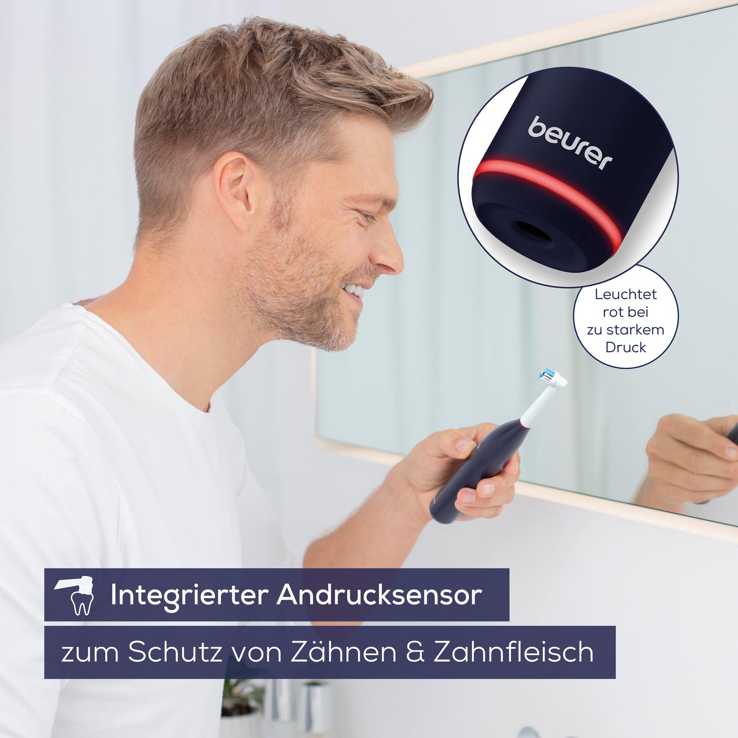 Beurer TB 50 Elektrische Zahnbürste, 3 Reinigungsprogramme für Zahnpflege, oszillierend-pulsierende Putztechnologie zur Plaque Entfernung, integrierter Andrucksensor, Akku mit 45 Tage Laufzeit