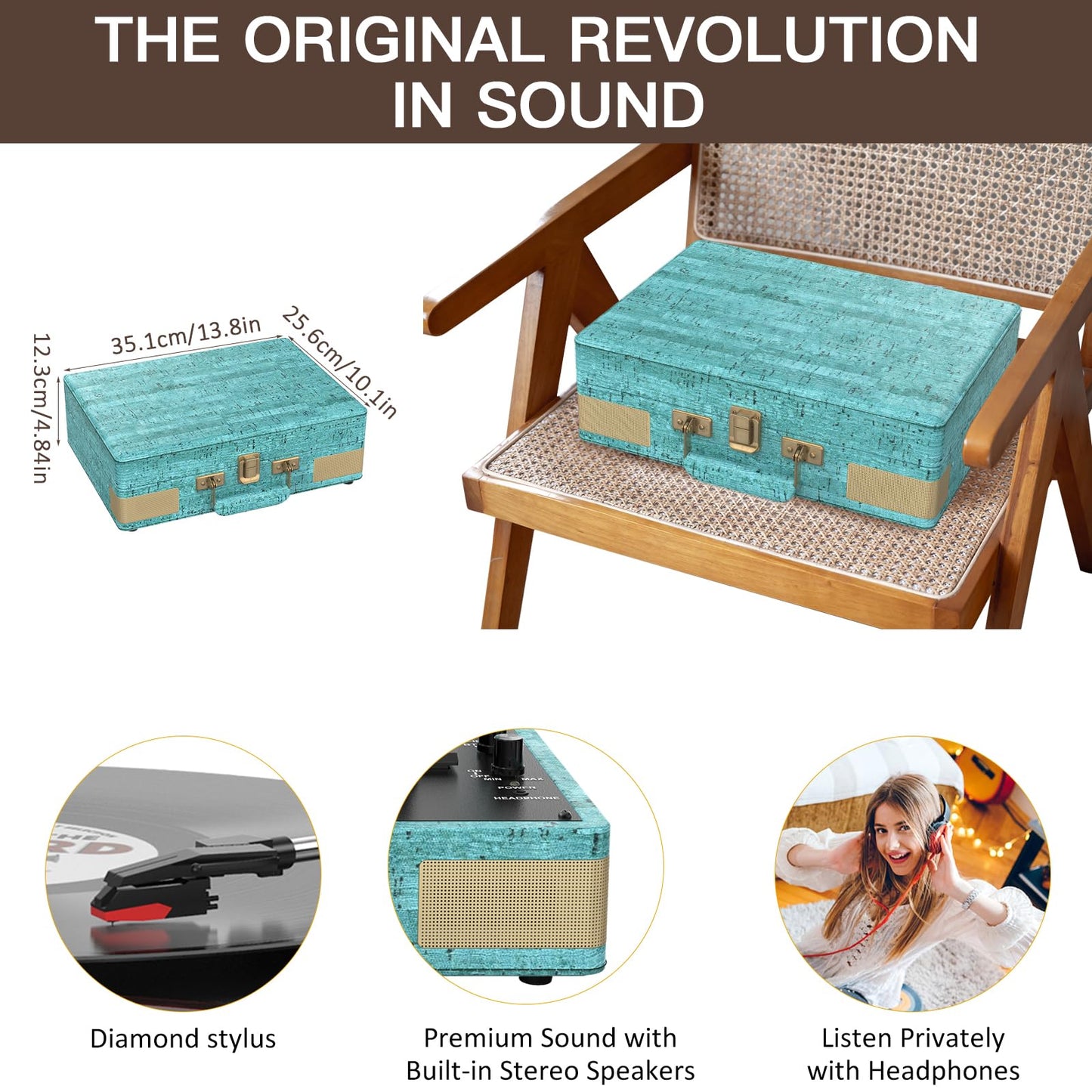 Trynnay Plattenspieler Schallplattenspieler 3-Gang-Bluetooth, tragbarer Koffer-Vinyl-Player mit integrierten Lautsprechern, Plattenspieler, verbesserter Audio-Sound, Gewachstes Leder Retro Blau