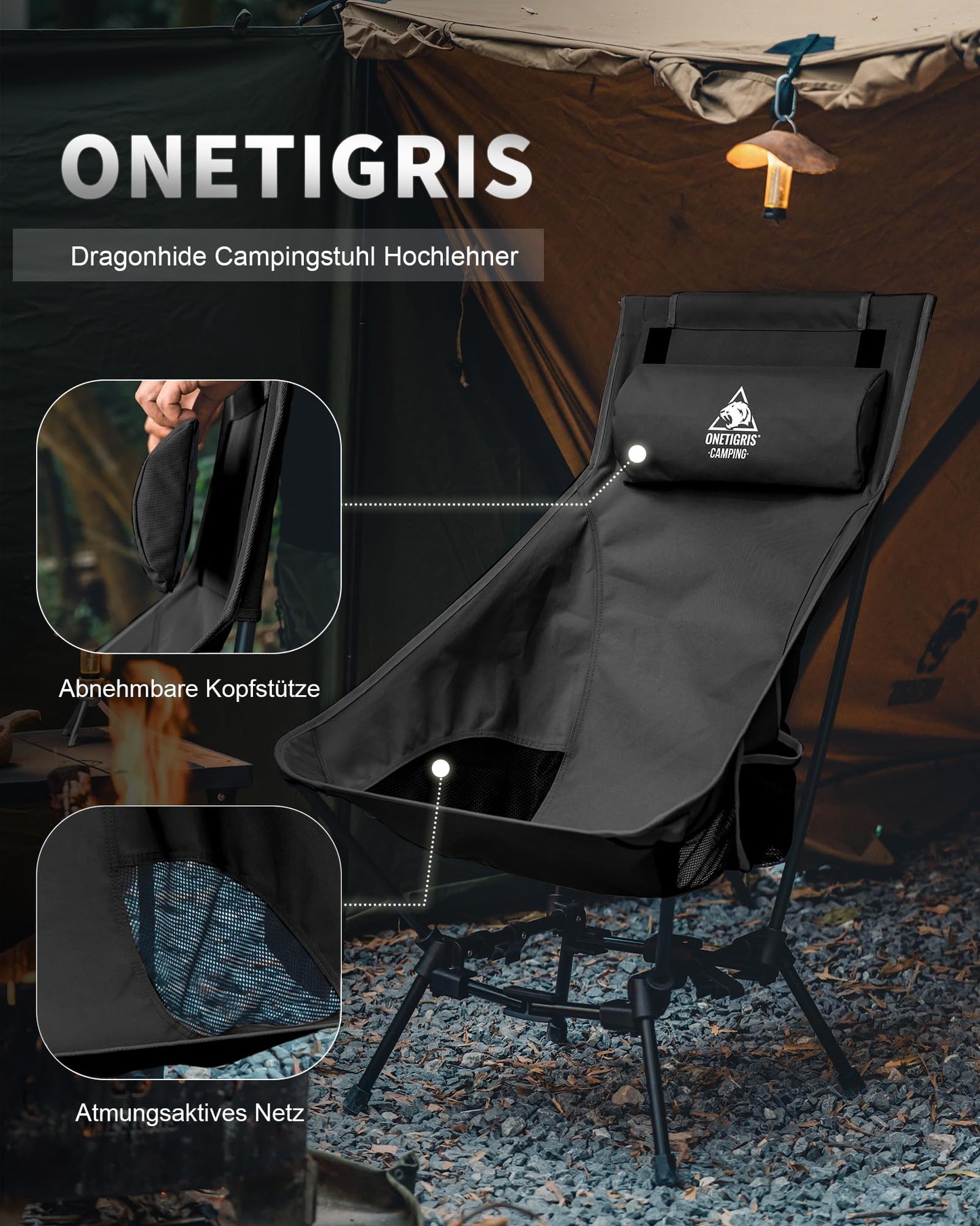 OneTigris DRAGONHIDE Campingstuhl Hochlehner faltbar 125 kg, Klappstuhl Camping leicht, Angelstuhl klappbar mit 2 Seitentaschen, Faltstuhl Ultraleicht für Outdoor, Wandern(Schwarz)