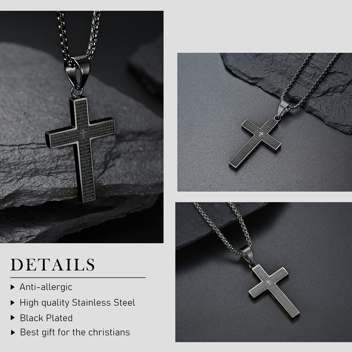 MERTTURM Kreuz Halskette für Herren, Schmuck Edelstahl, Kreuz Anhänger mit 60cm Kette, Farbe Schwarz(lichtecht & schweißfest)