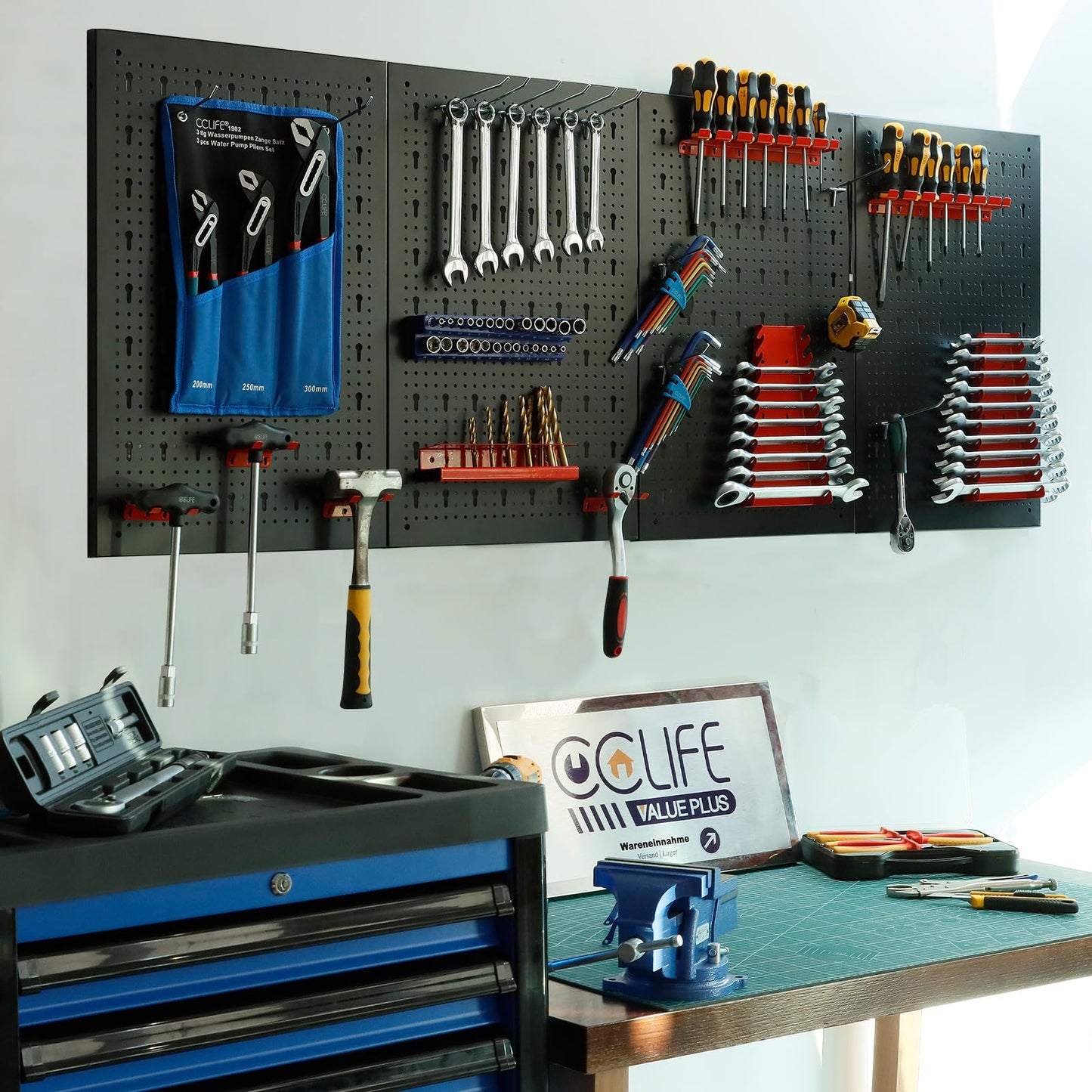 CCLIFE Werkzeugwand Lochwand 4 tlg Inkl. 52-Teiligem Metall Werkzeuglochwand Vier Teile 160 x 60 x 2 cm Erweiterbar Zubehör Wandregal Werkzeugaufbewahrung Schwarz