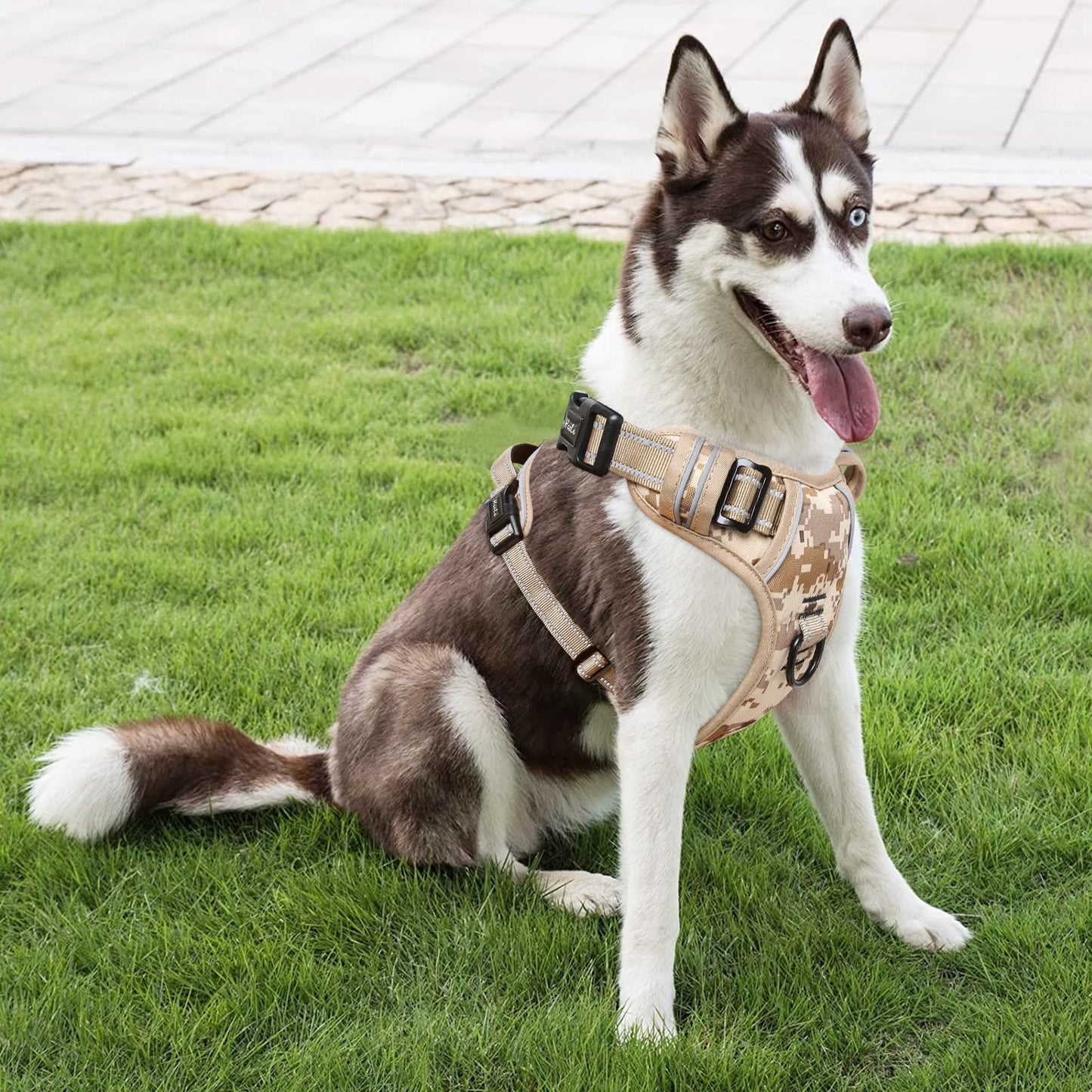 HEELE Hundegeschirr, Hundegeschirr für Grosse Hunde, Freigabe am Hals, Vorderseite Rückseite Clips Hundegeschirr Einstellbar Reflektierend Anti Zug Hundegeschirr mit Gepolstert Grifff, Tarn-Wüste, L