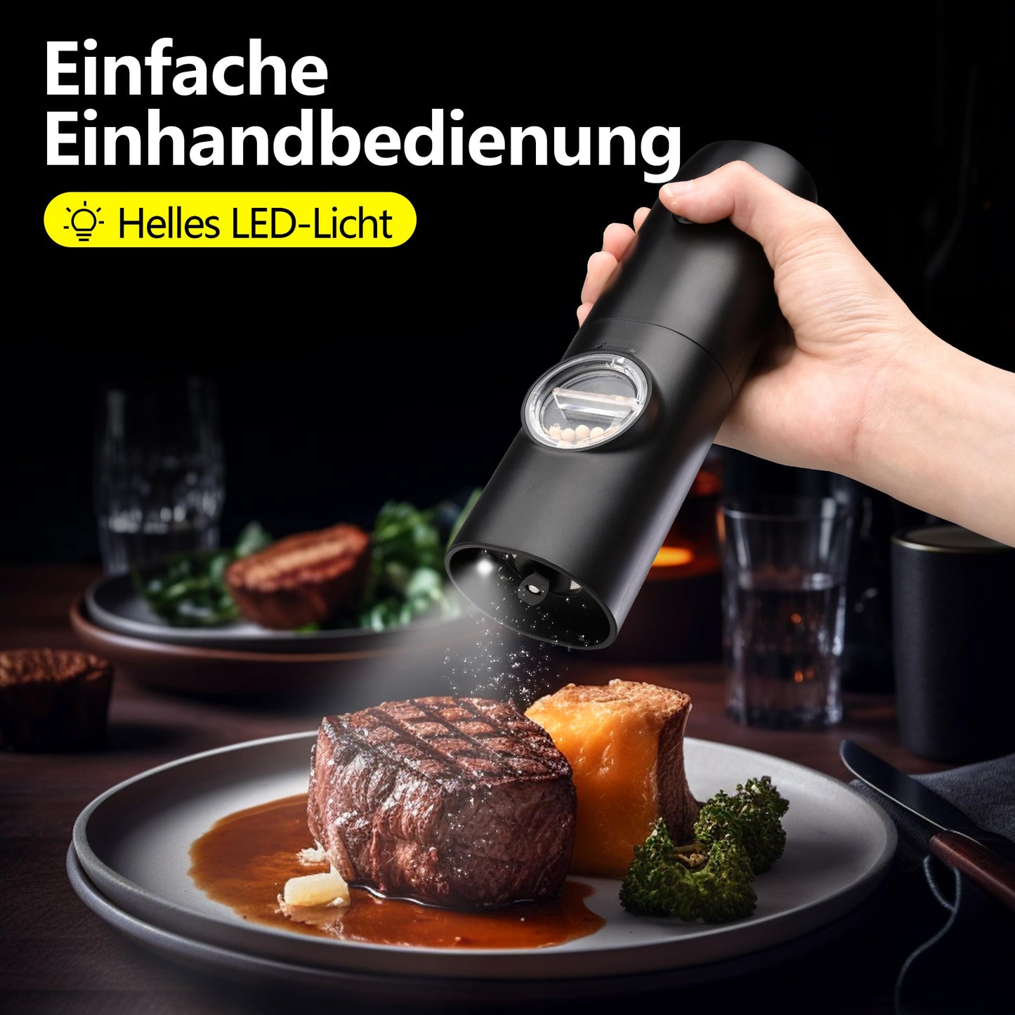 BGFOX Salz und Pfeffer Mühle Elektrisch 2er Set mit einstellbarem Keramik-Mahlwerk von grob bis fein, Gewürzmühlenset Automatisch mit Basis LED-Licht Type-c Reinigungspinsel (2 Stück) (Schwarz-Weiß)