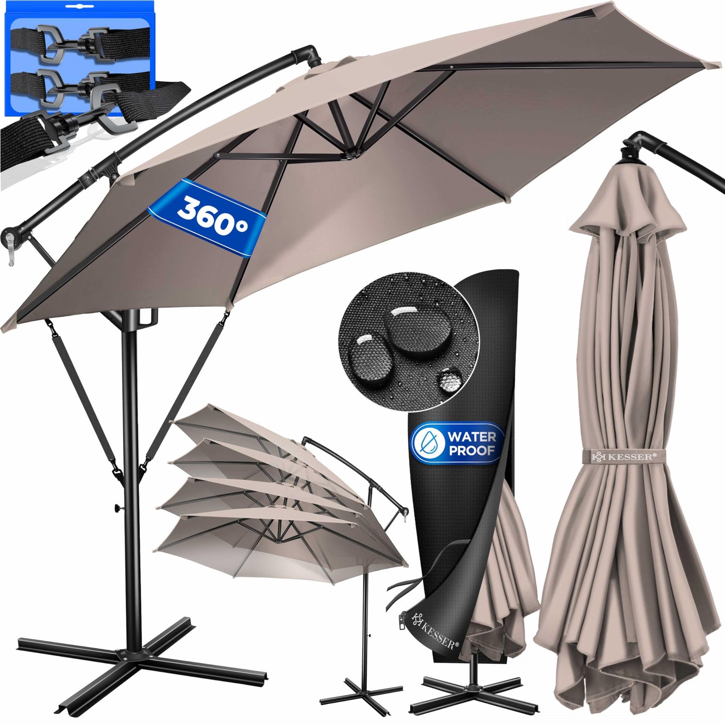 KESSER® Alu Ampelschirm Sonnenschirm + Abdeckung Ø350 cm & Kurbelvorrichtung Kurbelschirm mit Ständer UV-Schutz Aluminium Wasserabweisende Bespannung 360° Funktion Garten-Schirm Marktschirm Taupe