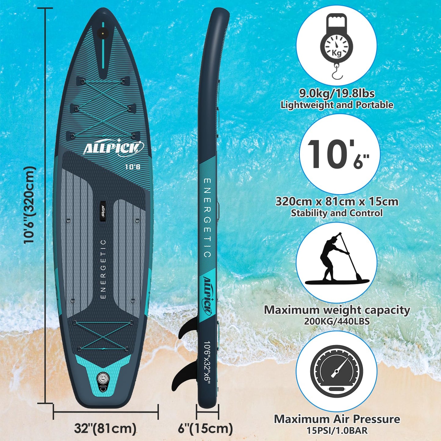 ALLPICK Premium SUP Board Set, Stand Up Paddling Board Aufblasbar, Mit Universal Kamerahalterung, Komplettes Zubehör, Verstellbares Paddel, Anfänger, Fortgeschrittene, 180kg (Premium-Grün)