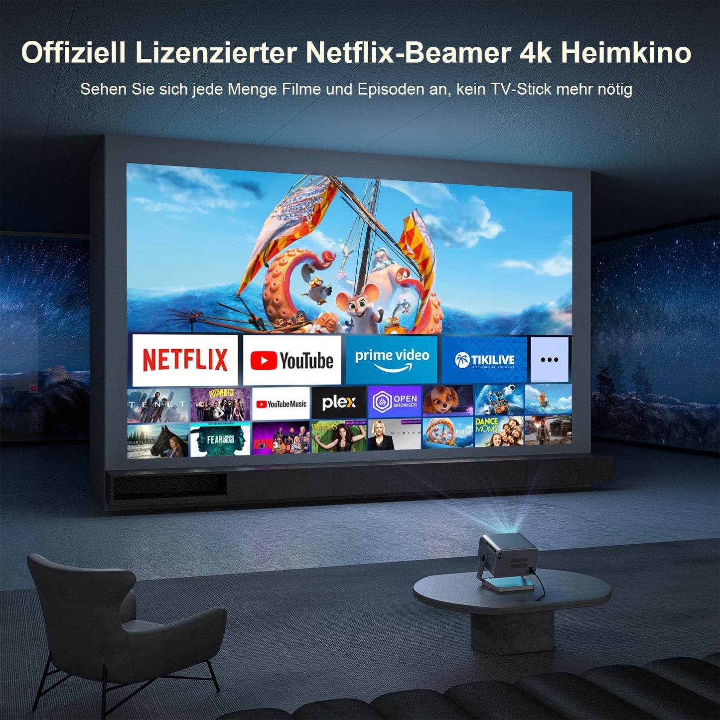 Smart Beamer【Netflix Official & Dolby Audio】 VOPLLS Autofokus/Trapezkorrektur 28000 Lumen Beamer 4K Unterstützt, WiFi6 Bluetooth Full HD 1080P Video Beamer Heimkino/Outdoor Projektor für Handy/Laptop