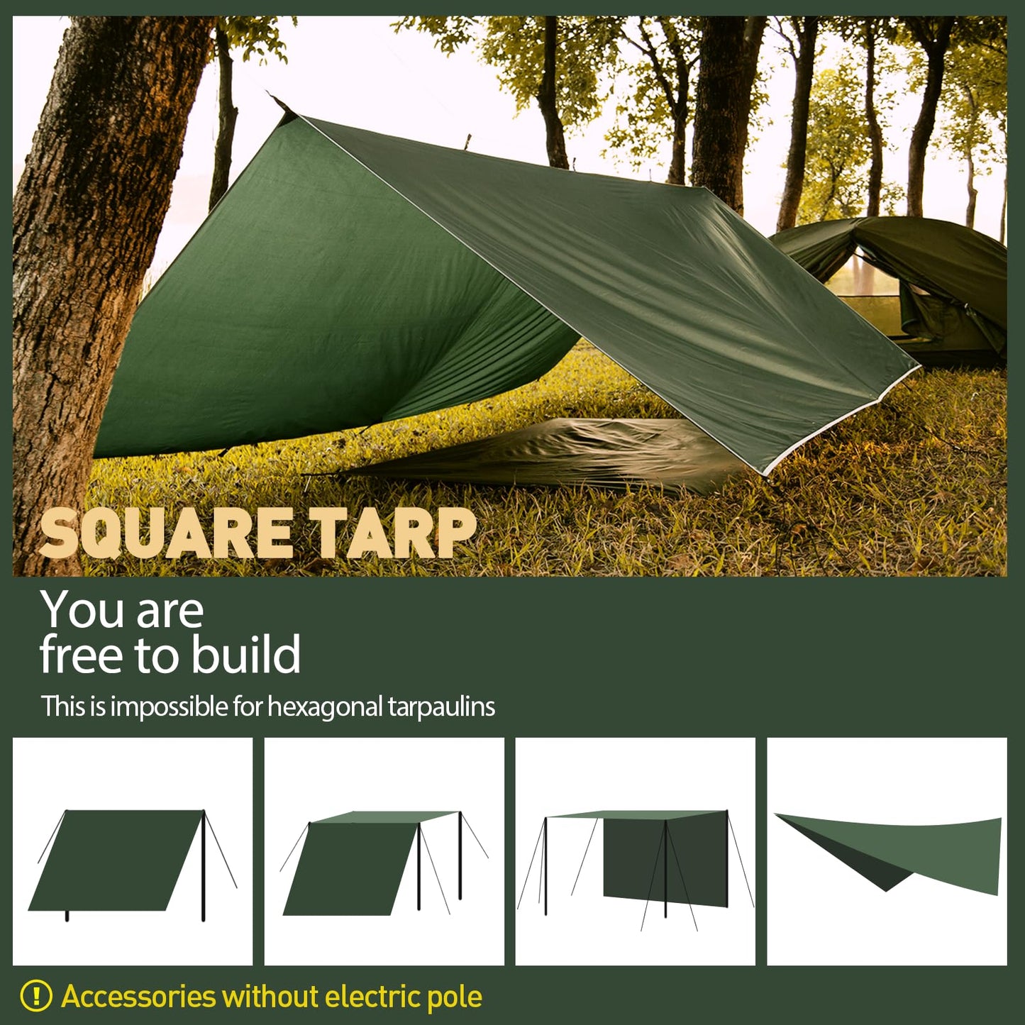 VOSOIR Tarp 3x3M Wasserdicht, Ultraleicht Camping Zeltplane, mit 9 Öse+6 Aluminiumstifte+8 Nylonseile, Anti-UV Schnee Regen Schutz, Leicht Kompakt für Hängematte Camping Picknick Wandern(Dunkelgrün)