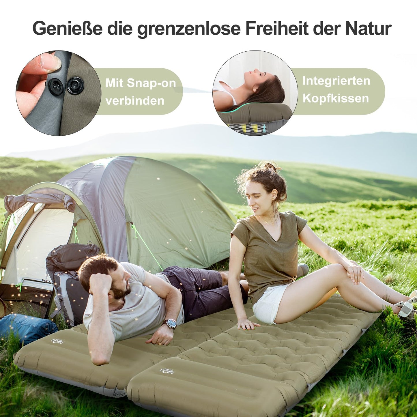 NIKYPJ Isomatte Selbstaufblasend【Benötigt Fußinflation】, 12cm Luftmatratze Camping, Aufblasbare Isomatte Ultraleicht Wasserfest mit Kissen für Wandern, Draussen, Camping, Reisen