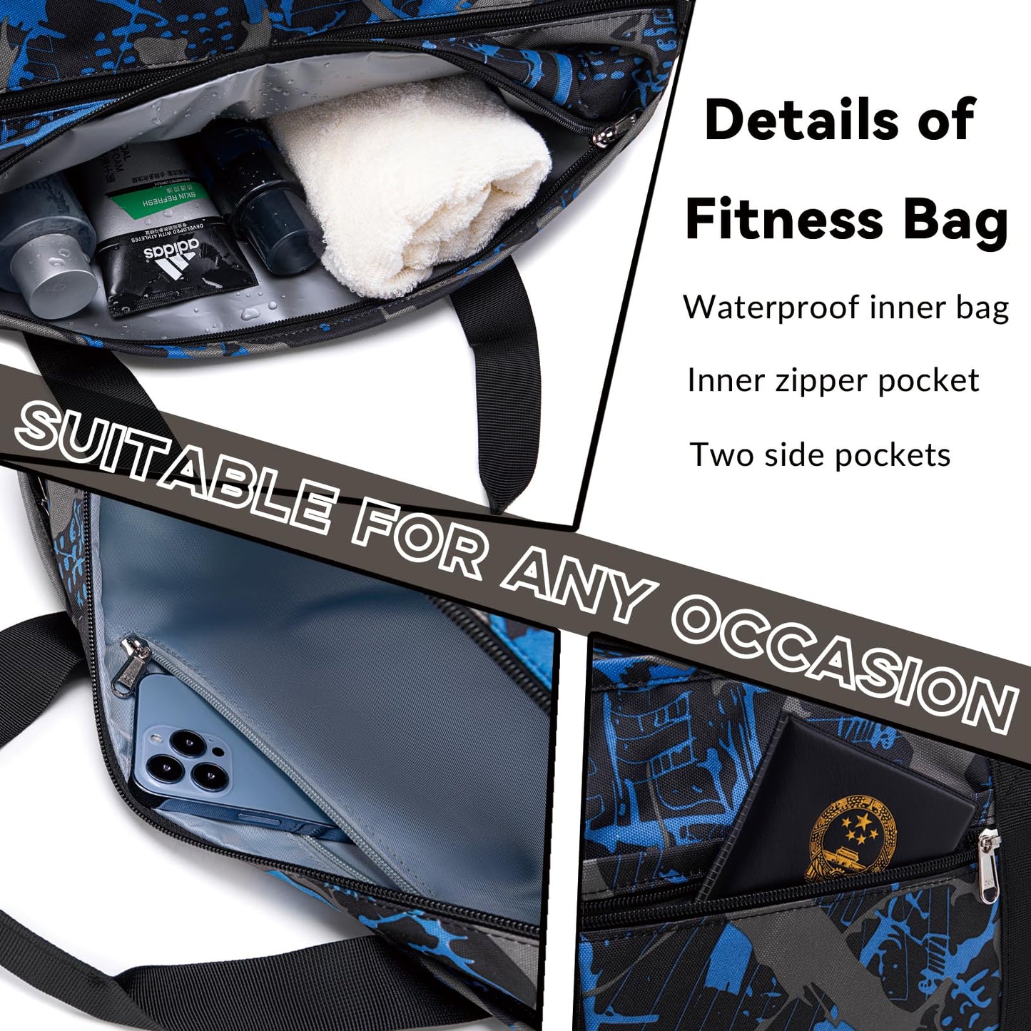 Sporttasche Kinder Schwimmtasche Jungen Damen mit Schuhfach und Nassfach Badetasche Teenager Kleine Reisetasche Fitnesstasche (Prinz Graffiti Blau)