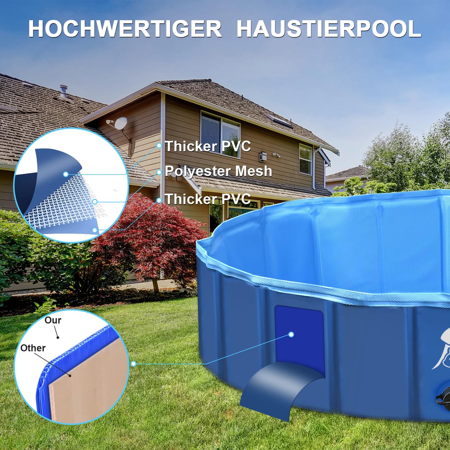 Fwiull Hundepool für Große & Kleine Hunde, Faltbarer Hunde Planschbecken 140 * 30CM Hundebadewanne Stabiler Swimmingpool Haustier Kind Schwimmbecken rutschfest Tragbar Blau