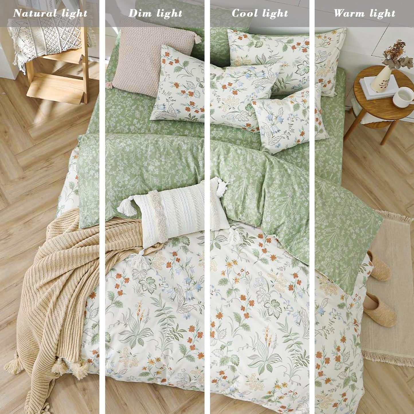 Lanqinglv Bettwäsche 135x200 cm 4Teilig Grün Weiß Blätter Blumen Muster Wende Bettwäsche 2er Set,Pflanzenmuster Bunt Microfaser 2 Bettbezug mit Reißverschluss und 2 Kissenbezug 80x80 cm
