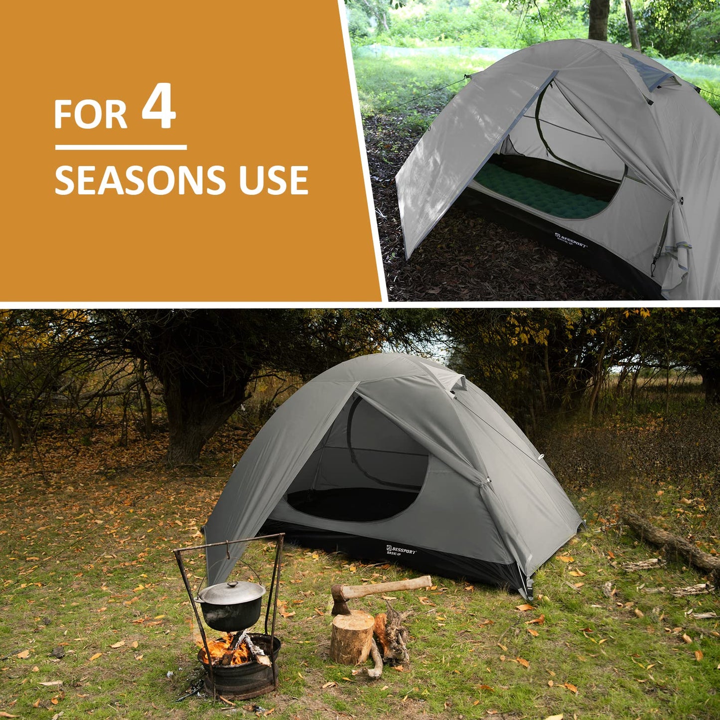 Bessport Zelt 1 & 2 & 4 Personen Ultraleichte, 3-4 Saison Wasserdicht & Winddicht Kuppelzelt, Kleine Packungsgröße, Geeignet für Erwachsene, Wandern, Camping, Outdoor (1 Person- Grau)