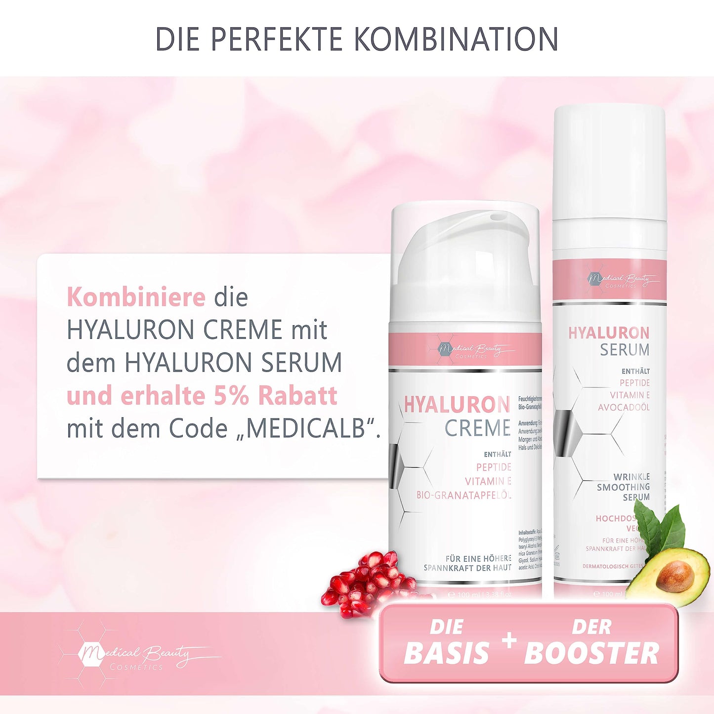 Medical Beauty Hyaluron Creme 100ml - mit Peptiden, Vitamin E und Bio-Granatapfelkern-Öl - vegane Anti-Aging Gesichtscreme für Augen, Hals, Dekolleté mit DermaCROSS III-Komplex