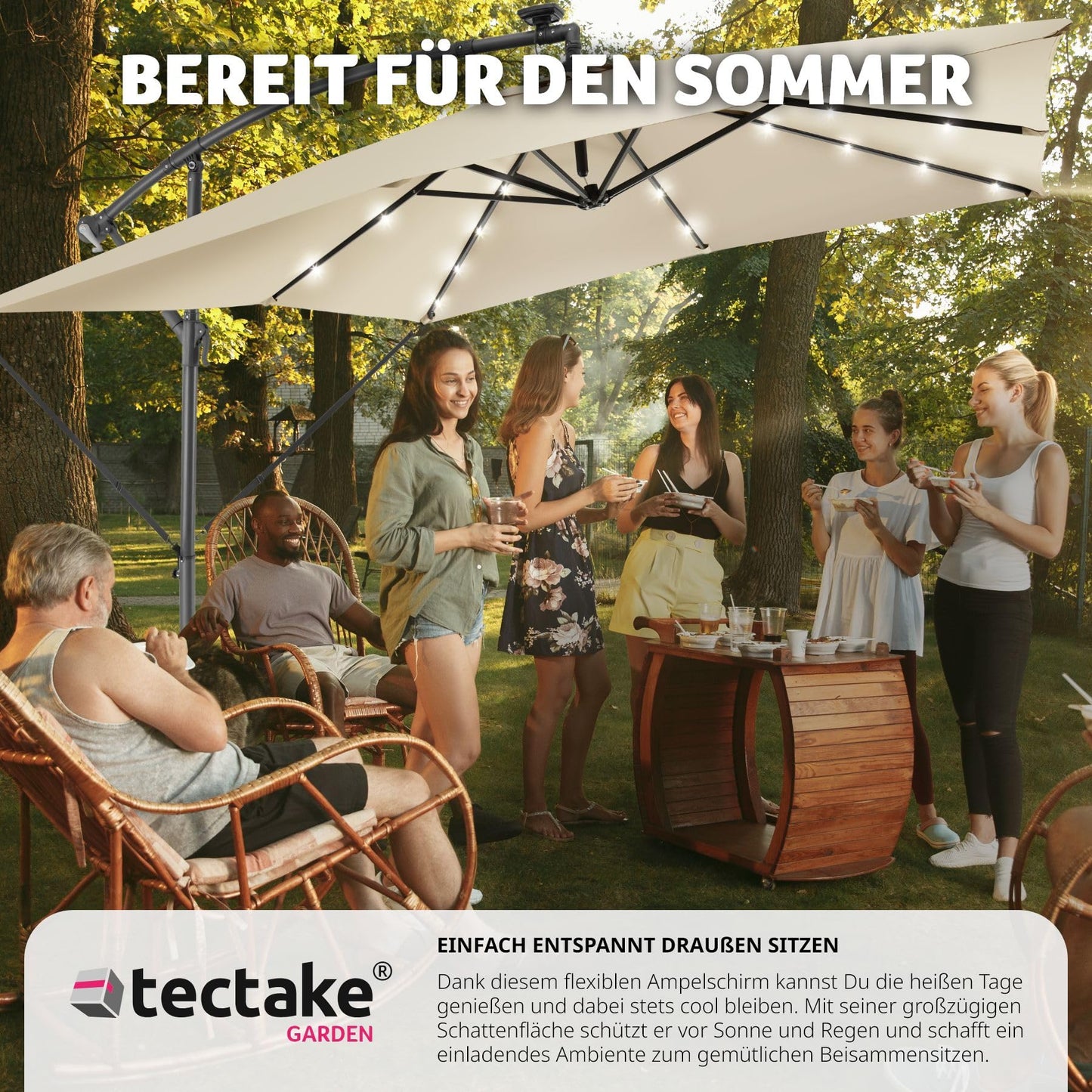 tectake® Sonnenschirm rechteckig, mit Solar LED Beleuchtung, wasserabweisend, inkl. Schutzhülle und Kurbel, Ampelschirm, Sonnenschutz Terrasse, Balkon Sonnenschirm groß, Marktschirm, Ø250cm - beige