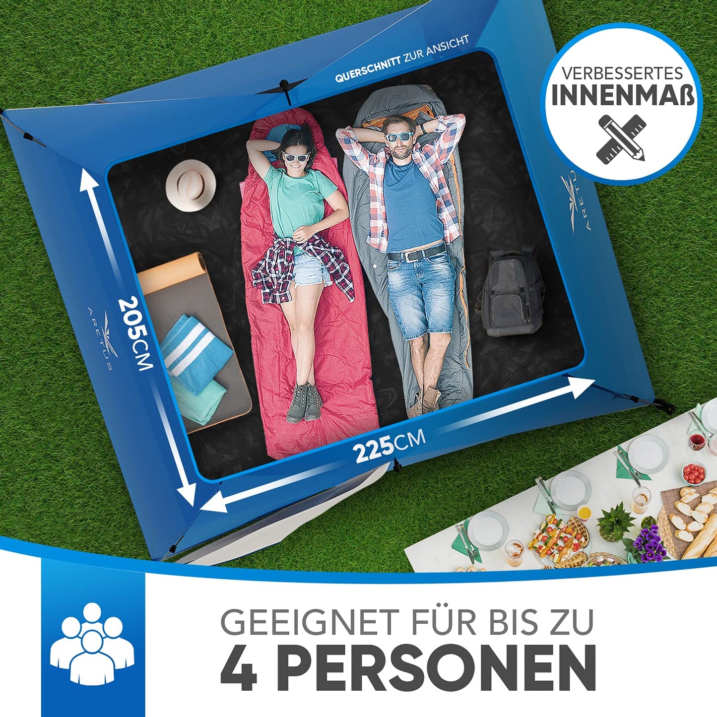Aretus - Wurfzelt 2-4 Personen AUF-ABBAU IN 45 Sekunden -Extra Groß & Wasserdicht- Pop up Zelt 3 Person automatik Wurfzelt 3 Personen Mann zelte