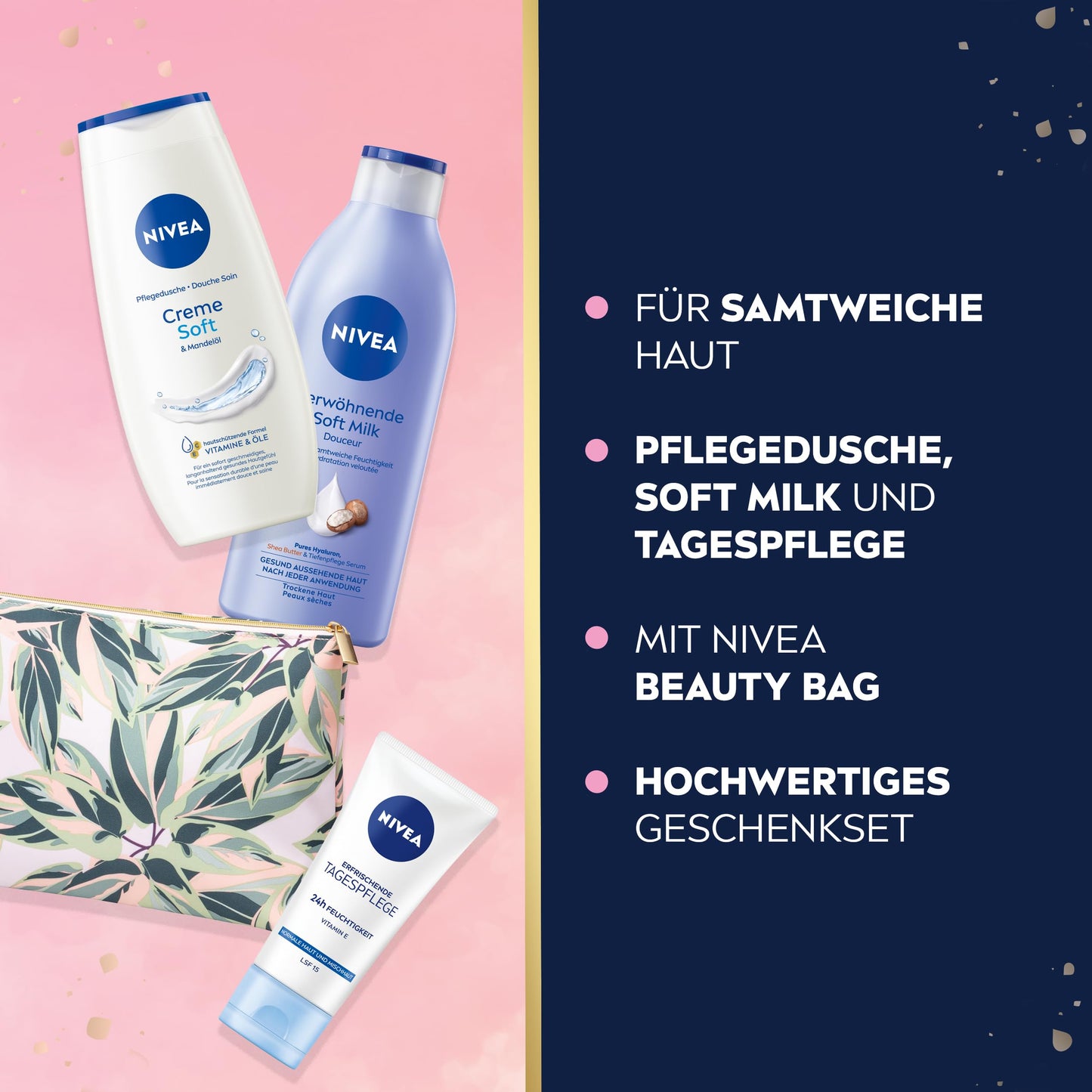 NIVEA Travel Routine Geschenkset, verwöhnendes Pflegeset mit NIVEA Pflege-Favoriten, Geschenkbox mit Pflegedusche, Body Lotion, Gesichtscreme und Kulturbeutel