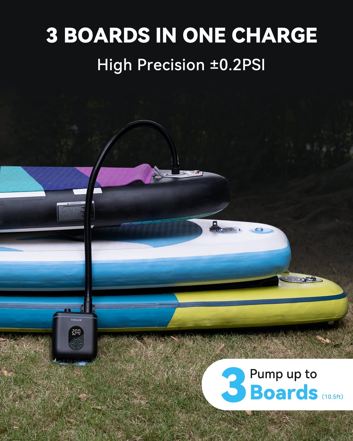 TOPUMP 20PSI Elektrische SUP-Pumpe TPS260, Wiederaufladbar, Auto-Off, 2-Stufen Inflation/Deflation, 12V DC & Typ-C für Paddle-Board, Kajak,Flügel,Drachen,Zelt
