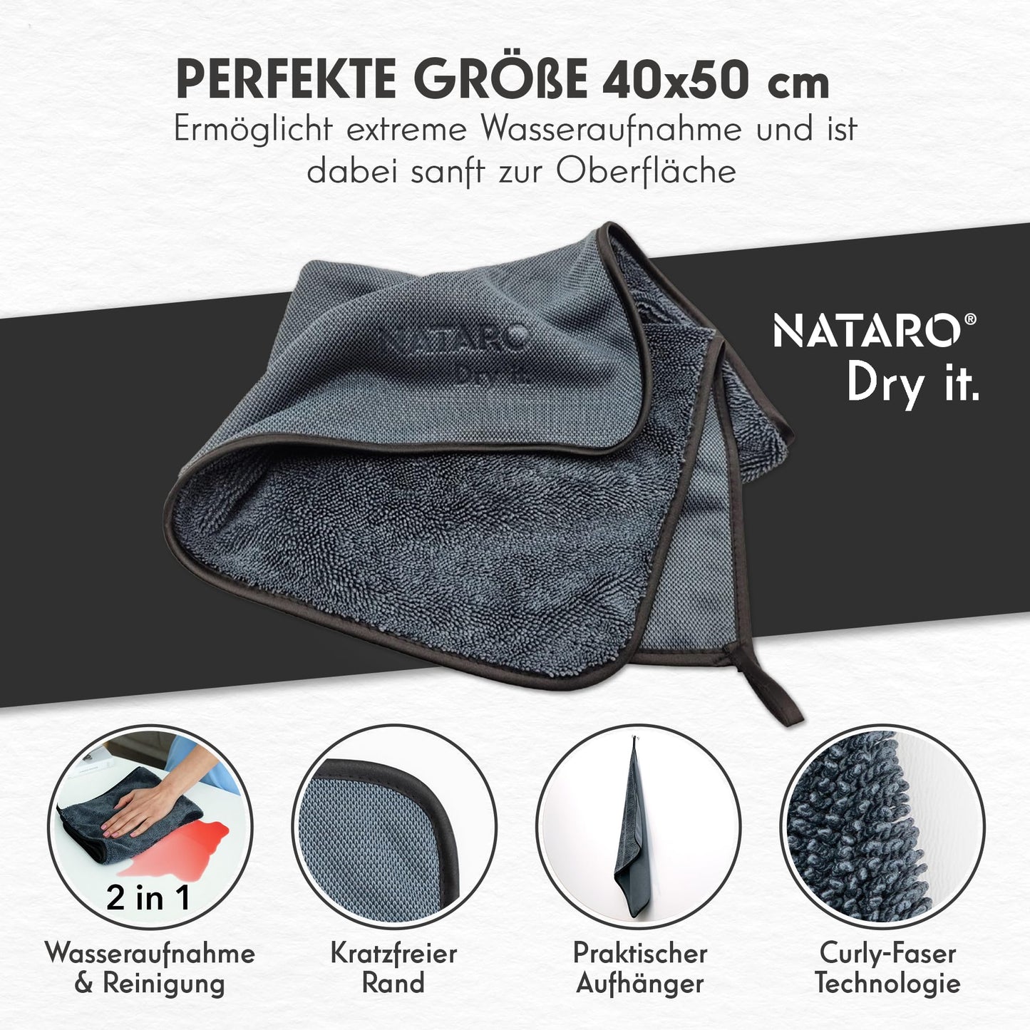 NATARO® 4 Stück Fast Dry it. Premium Trockentuch für Duschkabine, Auto, Haushalt, Camping – DAS ORIGINAL – extra saugfähiges Microfasertuch, fusselfrei, kratzfrei Shiny Wipes Tücher 40x50cm