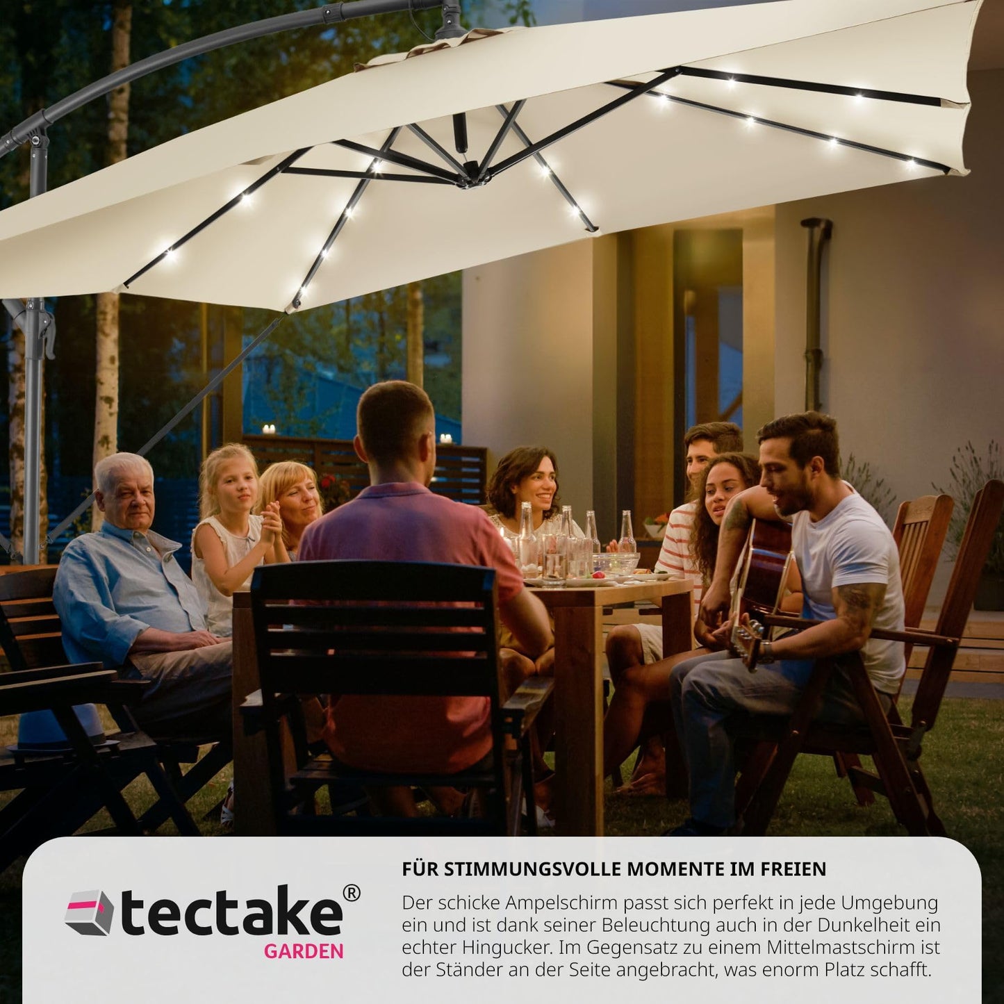 tectake® Sonnenschirm rechteckig, mit Solar LED Beleuchtung, wasserabweisend, inkl. Schutzhülle und Kurbel, Ampelschirm, Sonnenschutz Terrasse, Balkon Sonnenschirm groß, Marktschirm, Ø250cm - beige