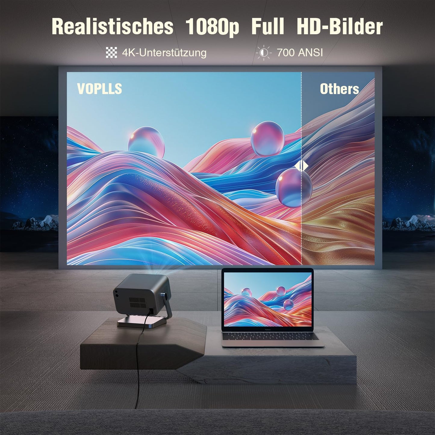 Smart Beamer【Netflix Official & Dolby Audio】 VOPLLS Autofokus/Trapezkorrektur 28000 Lumen Beamer 4K Unterstützt, WiFi6 Bluetooth Full HD 1080P Video Beamer Heimkino/Outdoor Projektor für Handy/Laptop