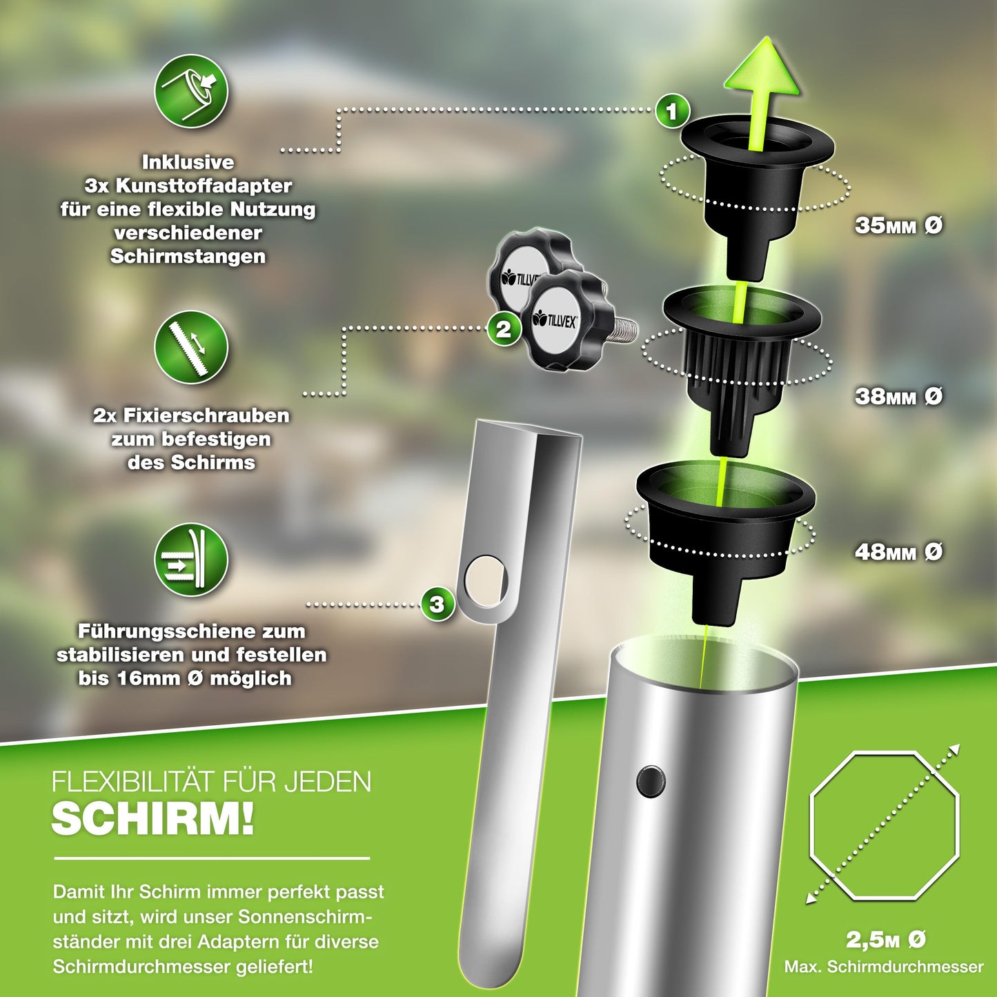 tillvex® Granit Sonnenschirmständer mit Transportgriff 27 kg Rechteckig | Schirmständer Sonnenschirm mit Edelstahlrohr | Balkonschirmständer für Schirmstöcke 16-48 mm & 300 cm Schirmdurchmesser