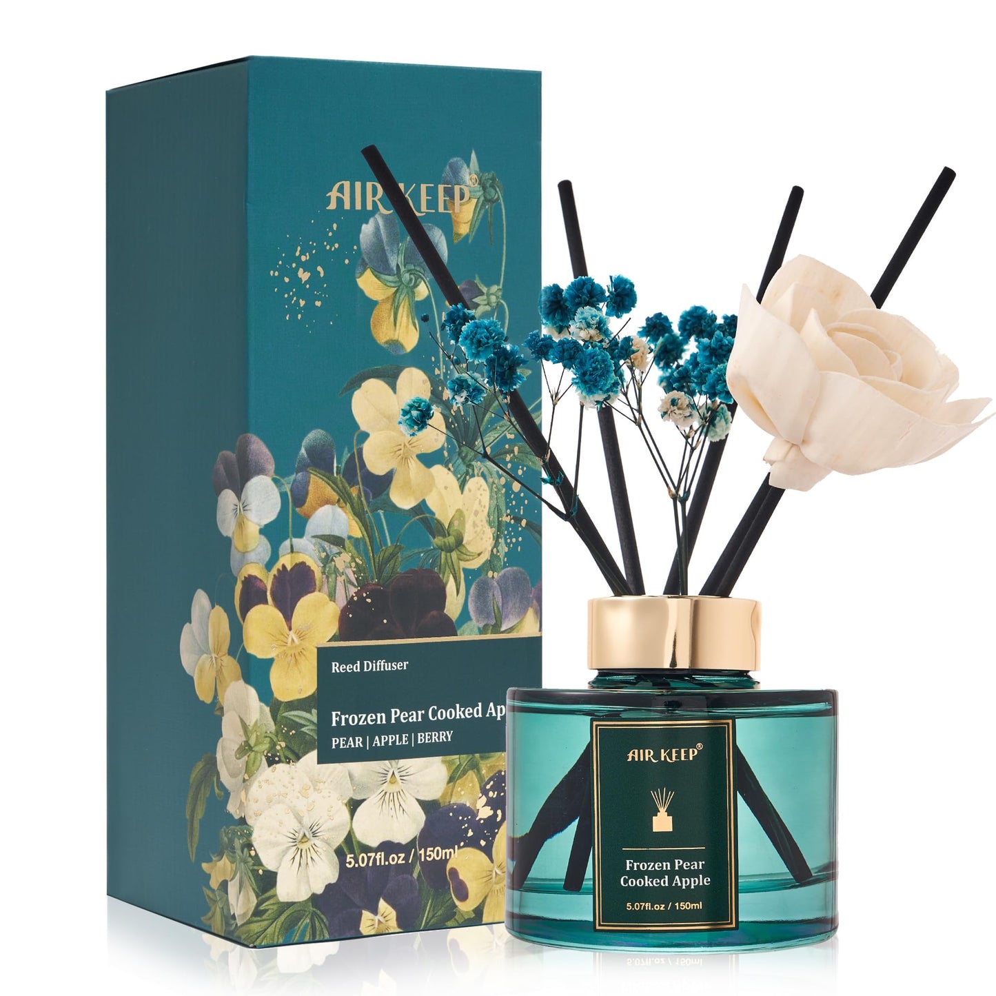 Airkeep Raumduft Frozen Pear Cooked Apple, Rose Reed Diffuser Set 150ml, Raumduft mit Stäbchen, Lufterfrischer Für Badezimmer, Wohnung, Heimdekoration
