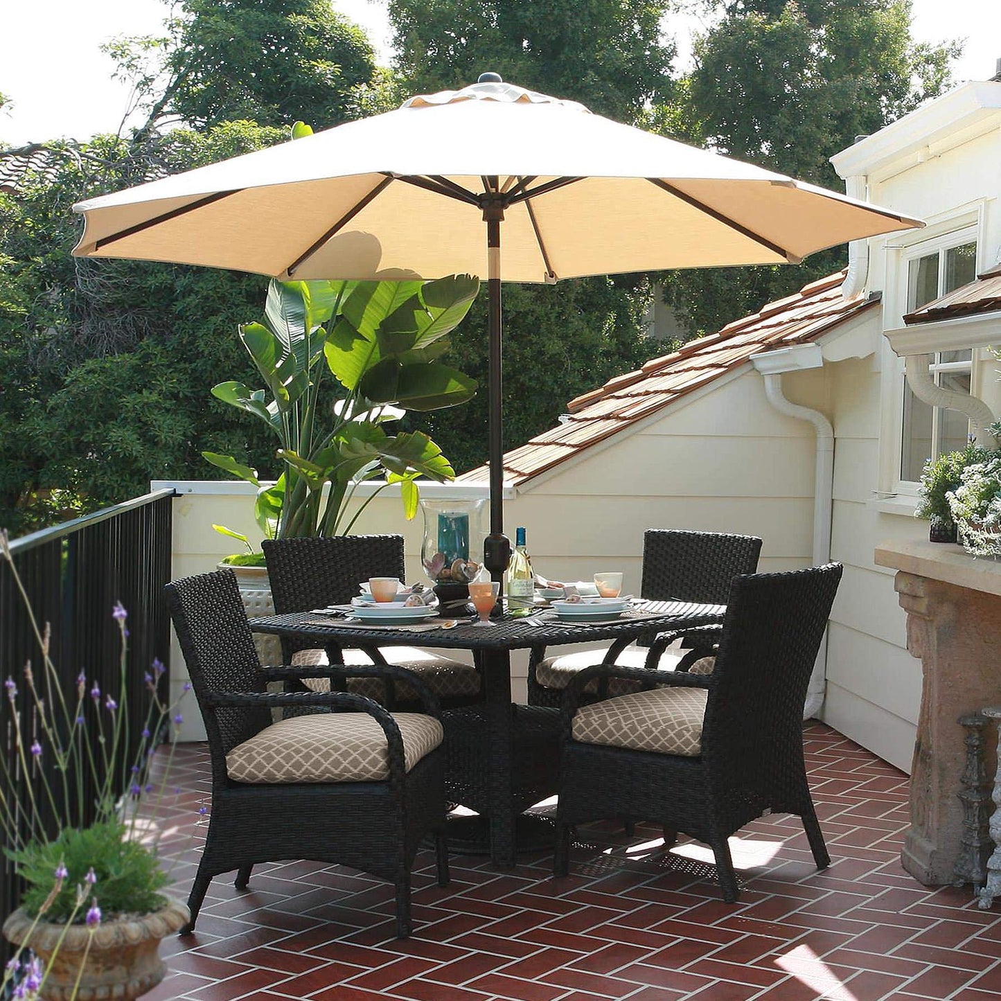 Yaheetech Sonnenschirm Balkon Rund Terrassenschirm 270 cm Gartenschirm Knickbar Kurbelschirm mit Kurbelrichtung UV Schutz UPF 50+, Tan