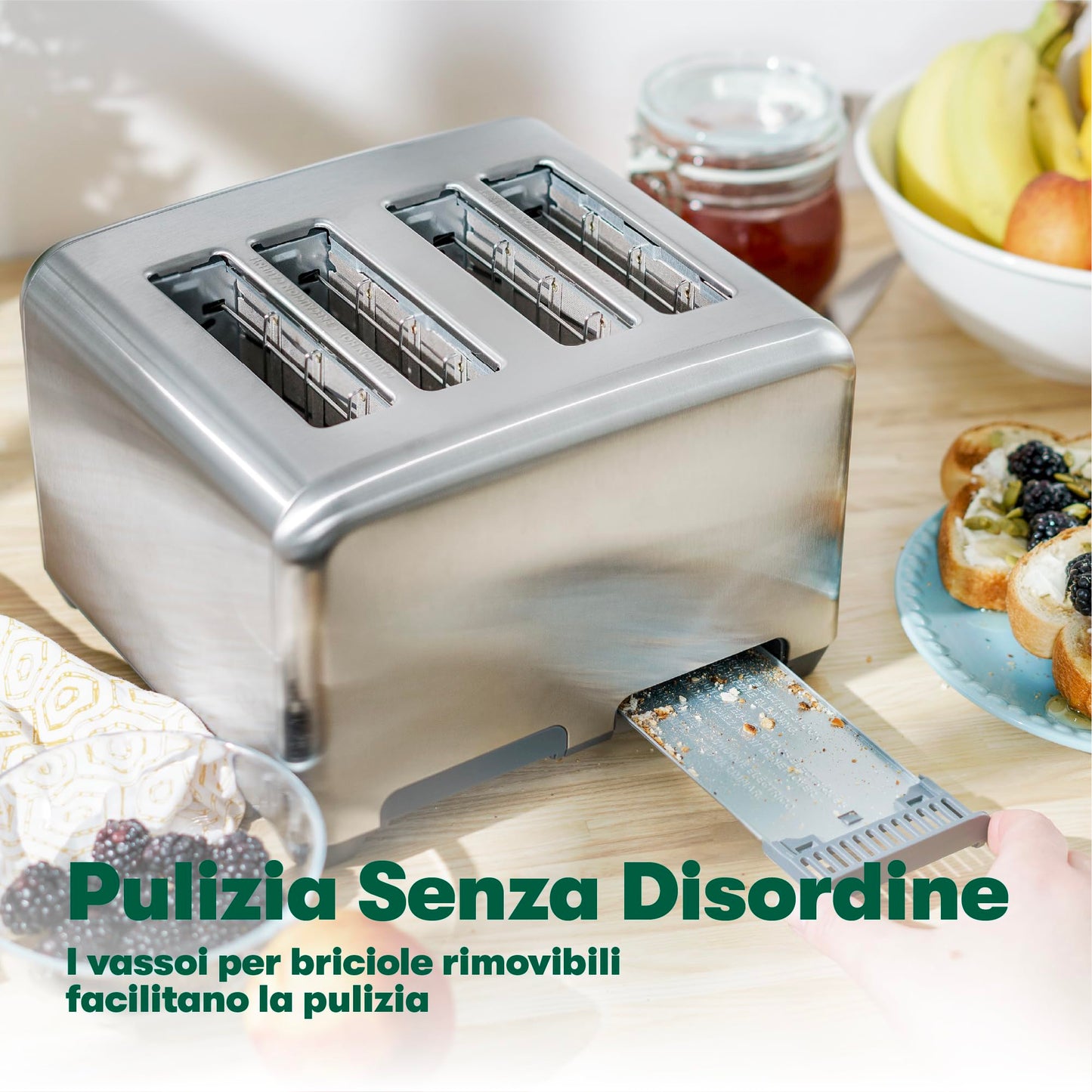 BELLA 4-Scheiben-Toaster mit extra breiten Toastschlitzen und herausnehmbarem Krümelfach – 6 Bräunungsstufen, Abschaltautomatik und Aufwärmfunktion – Toastbrot, Bagel und Waffeln