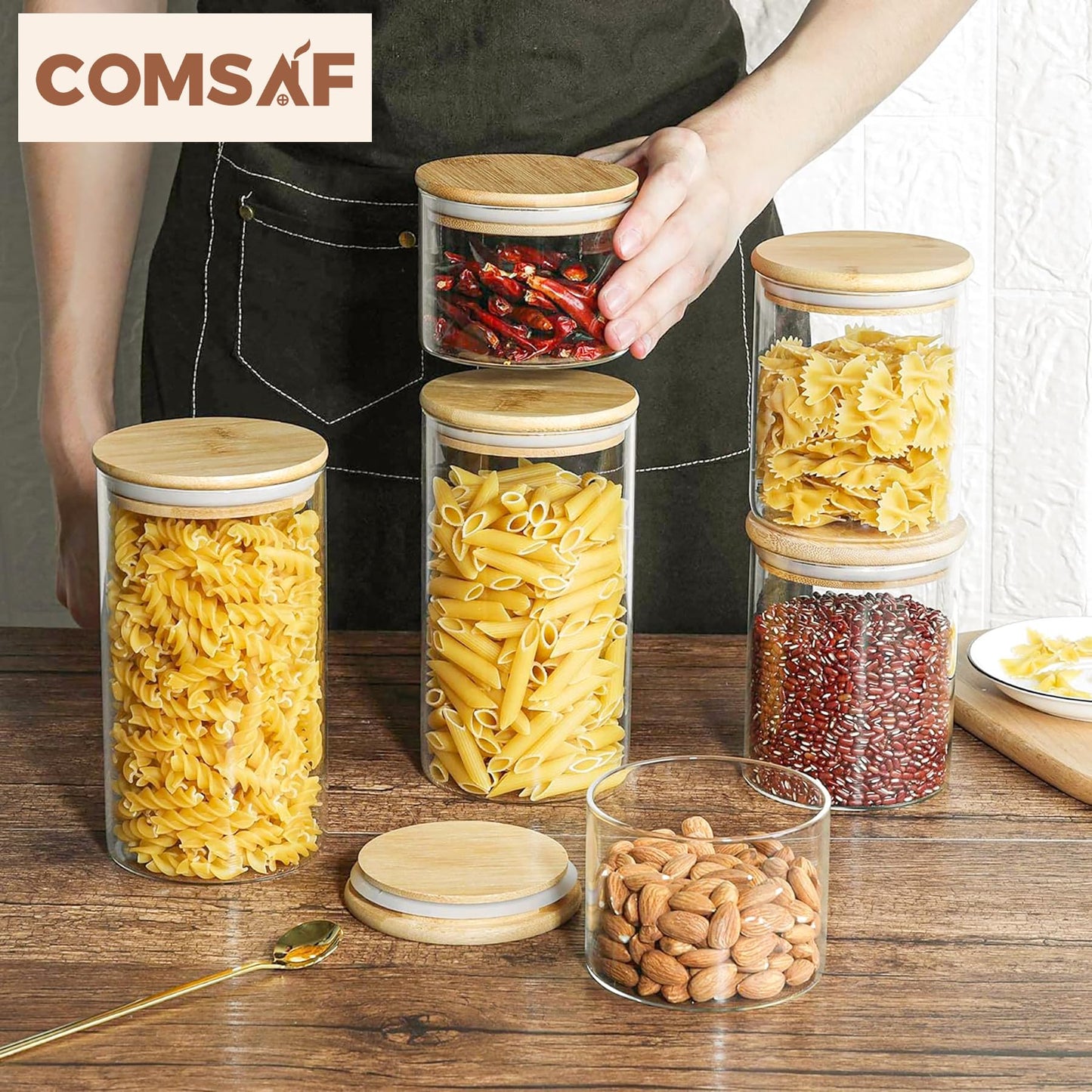 ComSaf 500ml/800ml/1200ml Luftdichter Vorratsgläser mit Deckel Rund, 6er Set Aufbewahrungsglas Küche aus Borosilikatglas, Glasbehälter Vorratdosen Set für Gewürz Spagetti Getreide Bohnen
