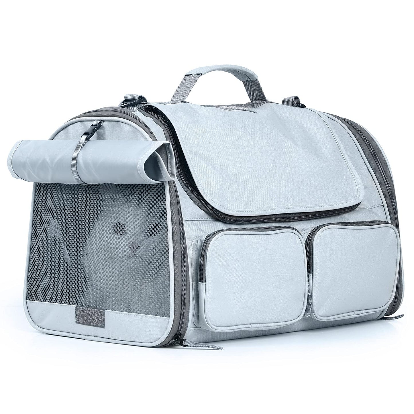FUKUMARU Transportbox Katze, Faltbare Katzentransportbox, Transportbox Hund mit Reisetasche, Transportbox für Katzen/Hund bis 22kg, Hellgrau,groß