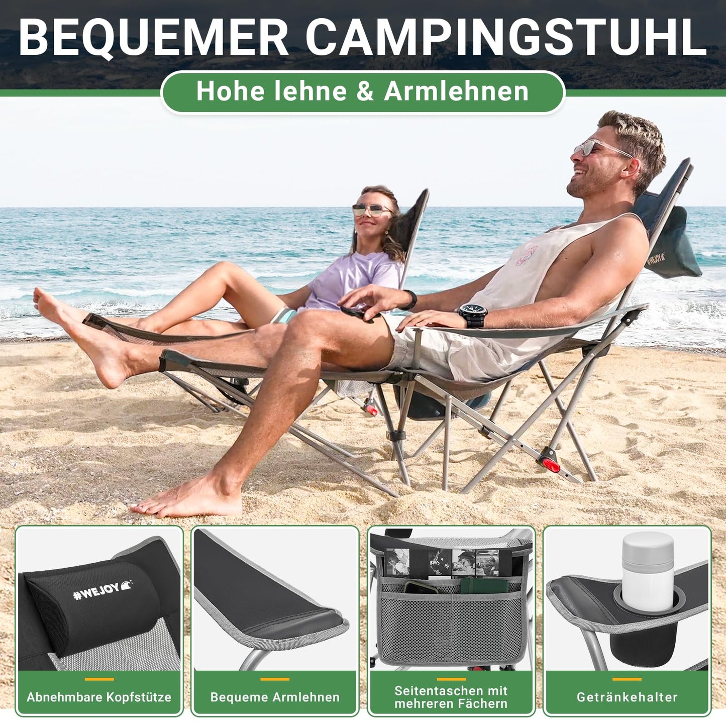 #WEJOY 2-in-1 Campingstuhl Faltbar mit Verstellbarer Rückenlehne & Fußstütze Campingstuhl Outdoor, Strandstuhl liegestuhlmit Wattepad Kissen Getränkehalter Armlehnentaschen Schwarz/Grau