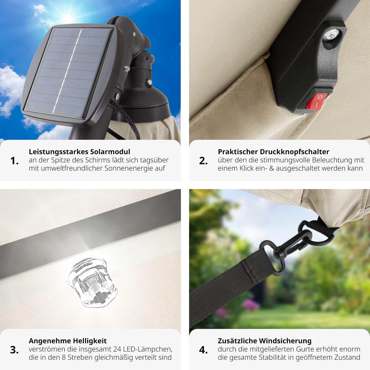 tectake® Sonnenschirm rechteckig, mit Solar LED Beleuchtung, wasserabweisend, inkl. Schutzhülle und Kurbel, Ampelschirm, Sonnenschutz Terrasse, Balkon Sonnenschirm groß, Marktschirm, Ø250cm - beige